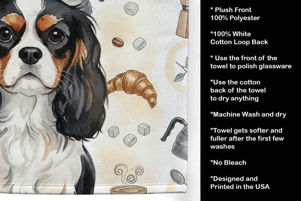 Tricolor Cavalier Spaniel Coffee Bar Kitchen Towel Velour Plush Front and Cotton Loop Back Machine Washable