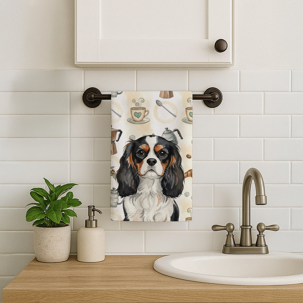 Tricolor Cavalier Spaniel Coffee Bar Kitchen Towel Velour Plush Front and Cotton Loop Back Machine Washable