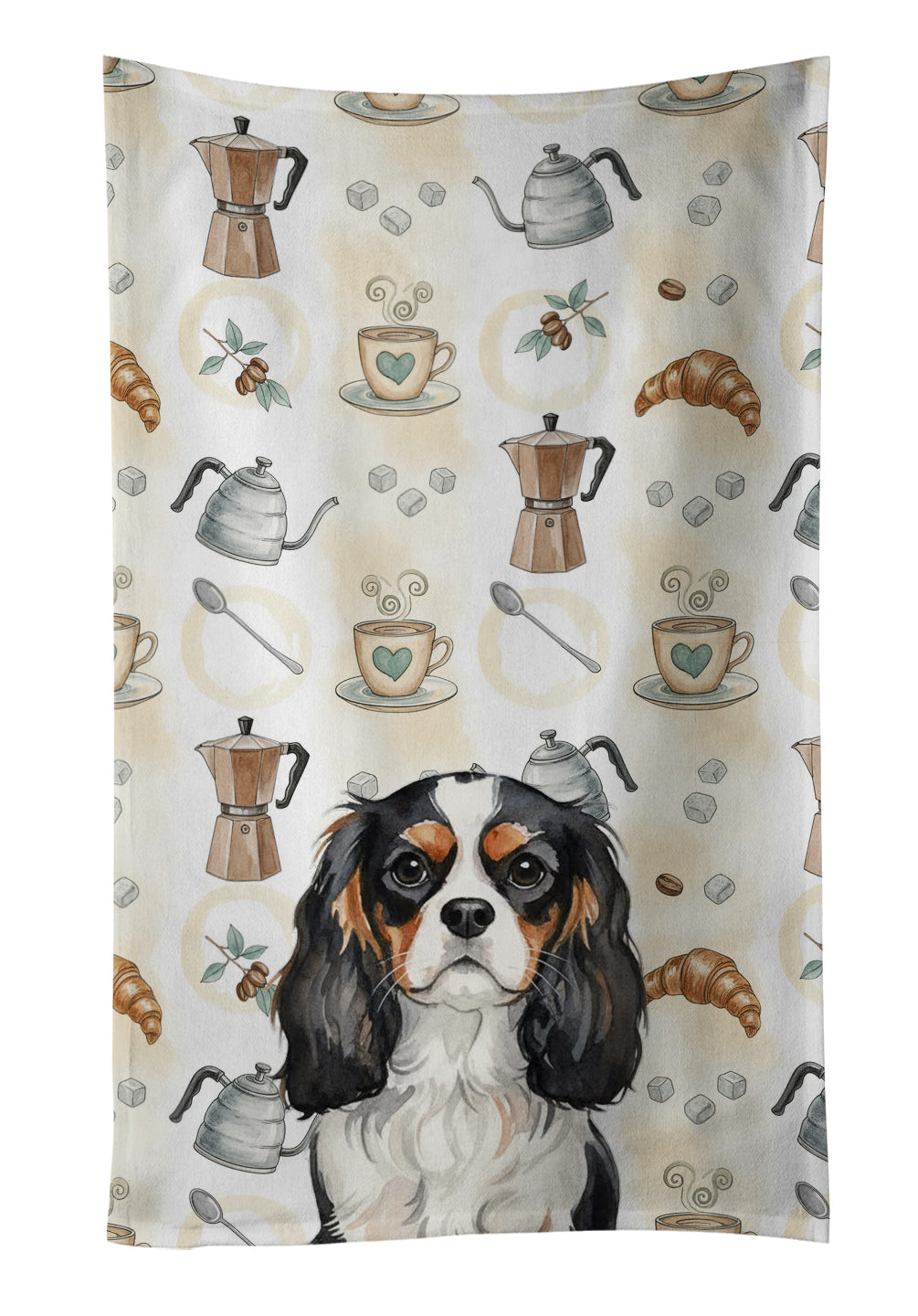 Tricolor Cavalier Spaniel Coffee Bar Kitchen Towel Velour Plush Front and Cotton Loop Back Machine Washable