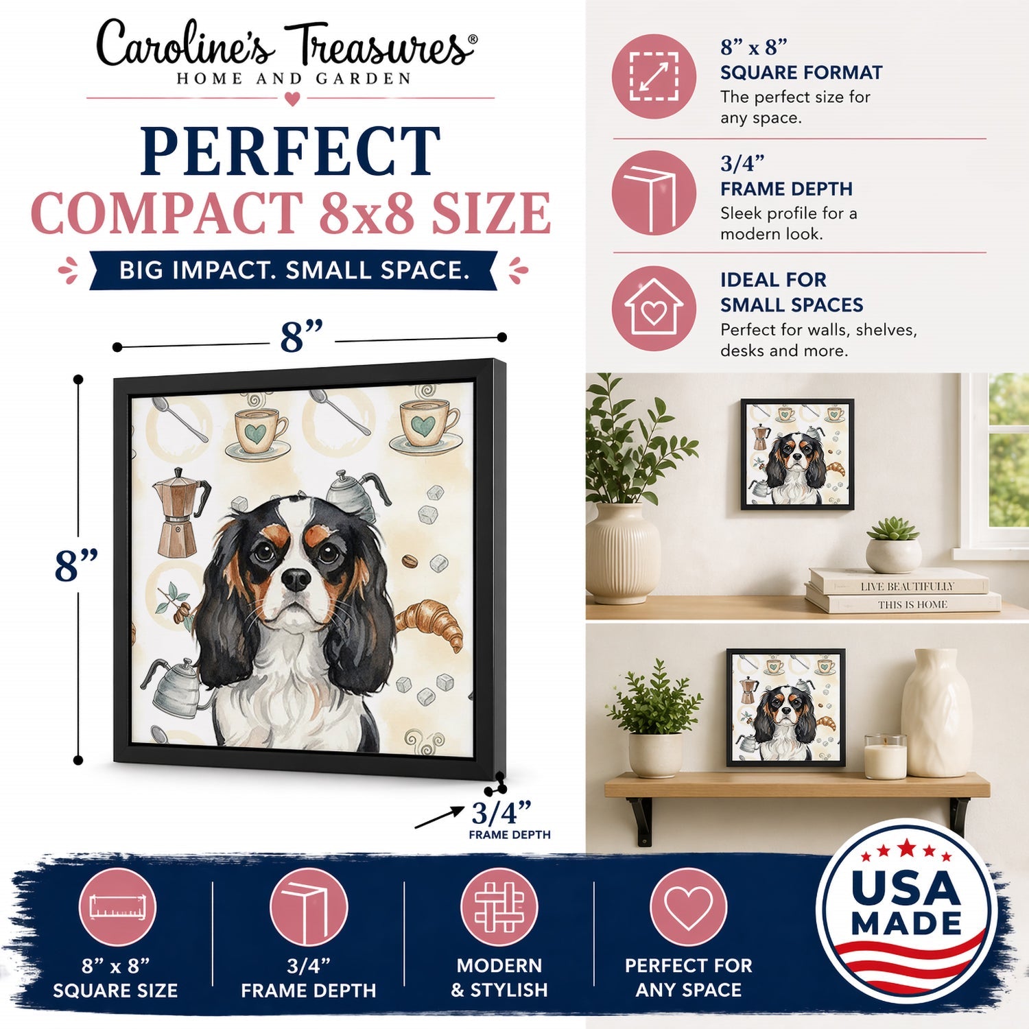 Tricolor Cavalier Spaniel Coffee Bar Framed Metal Print Bathroom, Kitchen, Office, Home Decor Wall Art Ready to Hang, Square, 8X8