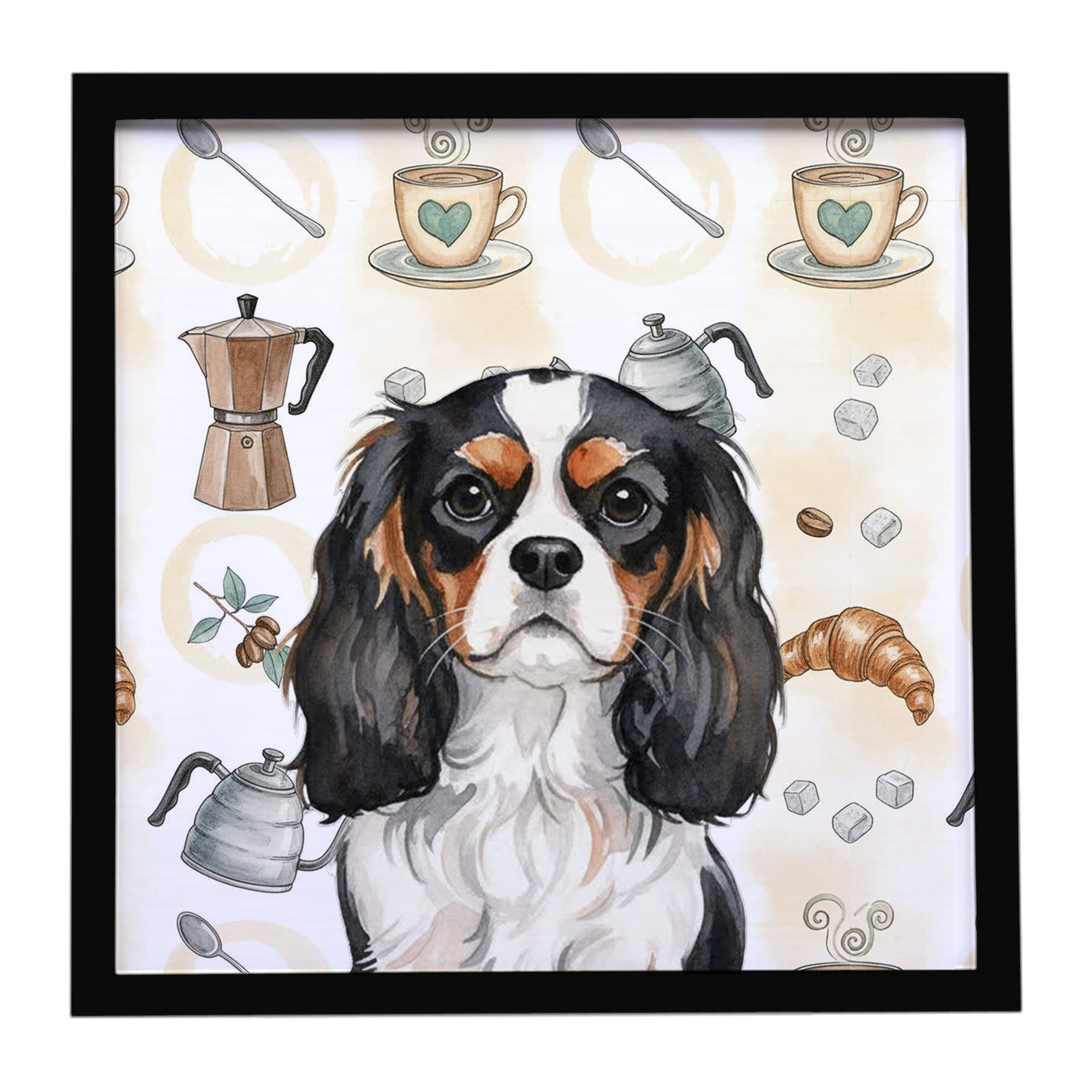 Tricolor Cavalier Spaniel Coffee Bar Framed Metal Print Bathroom, Kitchen, Office, Home Decor Wall Art Ready to Hang, Square, 8X8