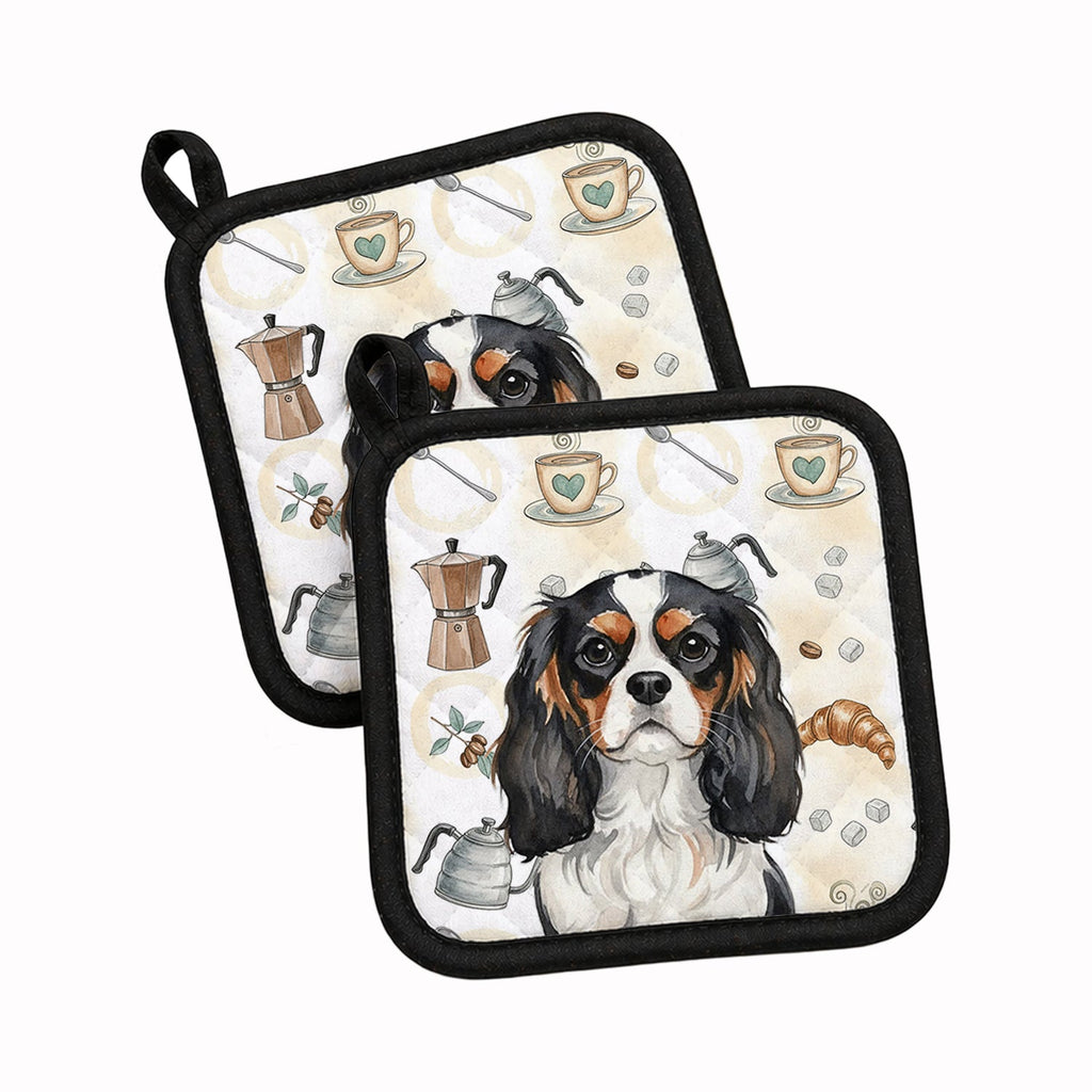 Tricolor Cavalier Spaniel Coffee Bar Pot Holder Set of 2 Heat Resistant Quilted Hot Pads 7.5 x 7.5 Inch, Insulated Kitchen Trivets for Cooking & Baking