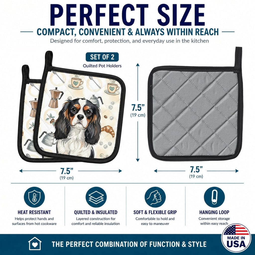 Tricolor Cavalier Spaniel Coffee Bar Pot Holder Set of 2 Heat Resistant Quilted Hot Pads 7.5 x 7.5 Inch, Insulated Kitchen Trivets for Cooking & Baking
