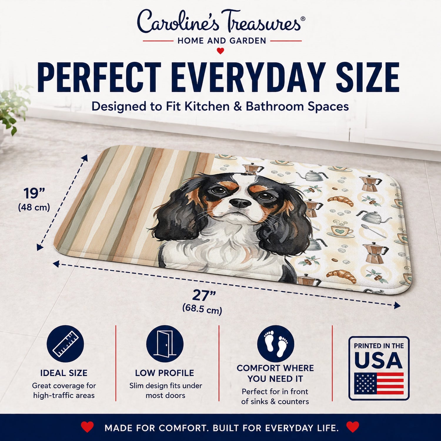 Tricolor Cavalier Spaniel Coffee Bar Memory Foam Kitchen Mat Machine Washable Anti-Fatigue Cushion Comfort Bath or Kitchen Rug