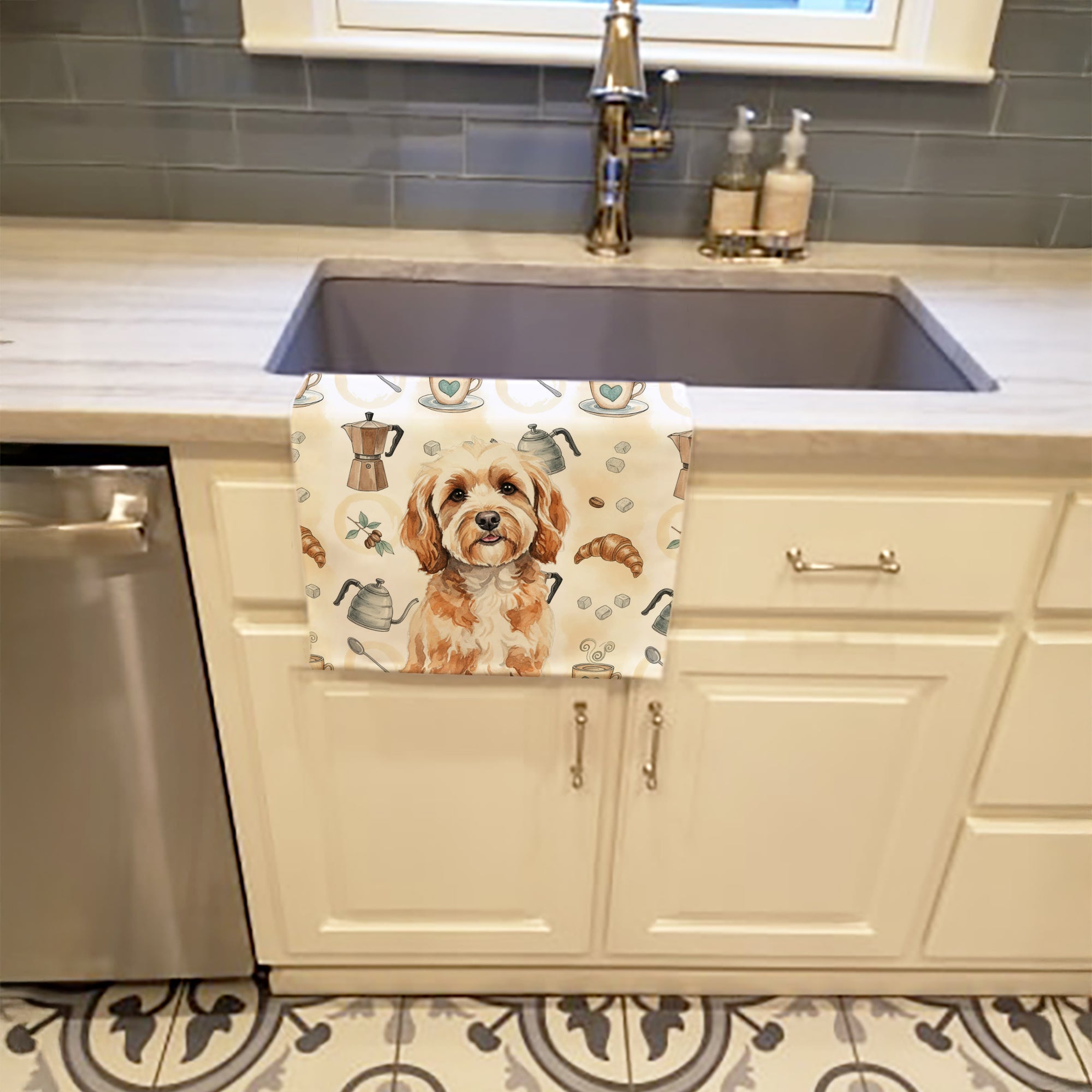 Cavapoo Coffee Bar Kitchen Towel Velour Plush Front and Cotton Loop Back Machine Washable