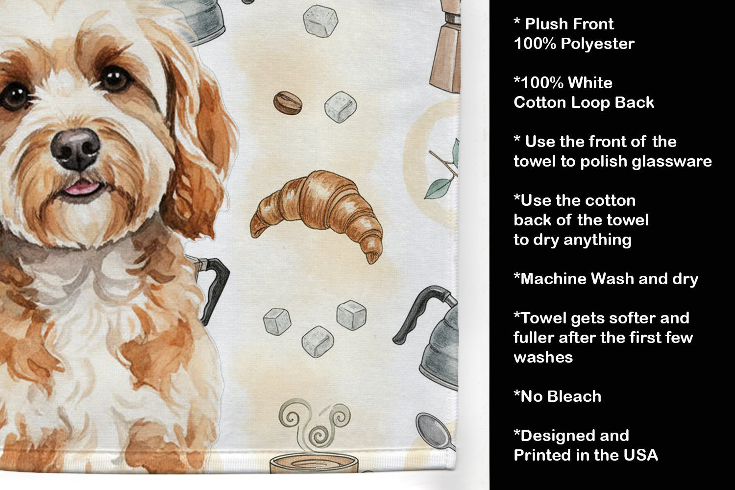 Cavapoo Coffee Bar Kitchen Towel Velour Plush Front and Cotton Loop Back Machine Washable