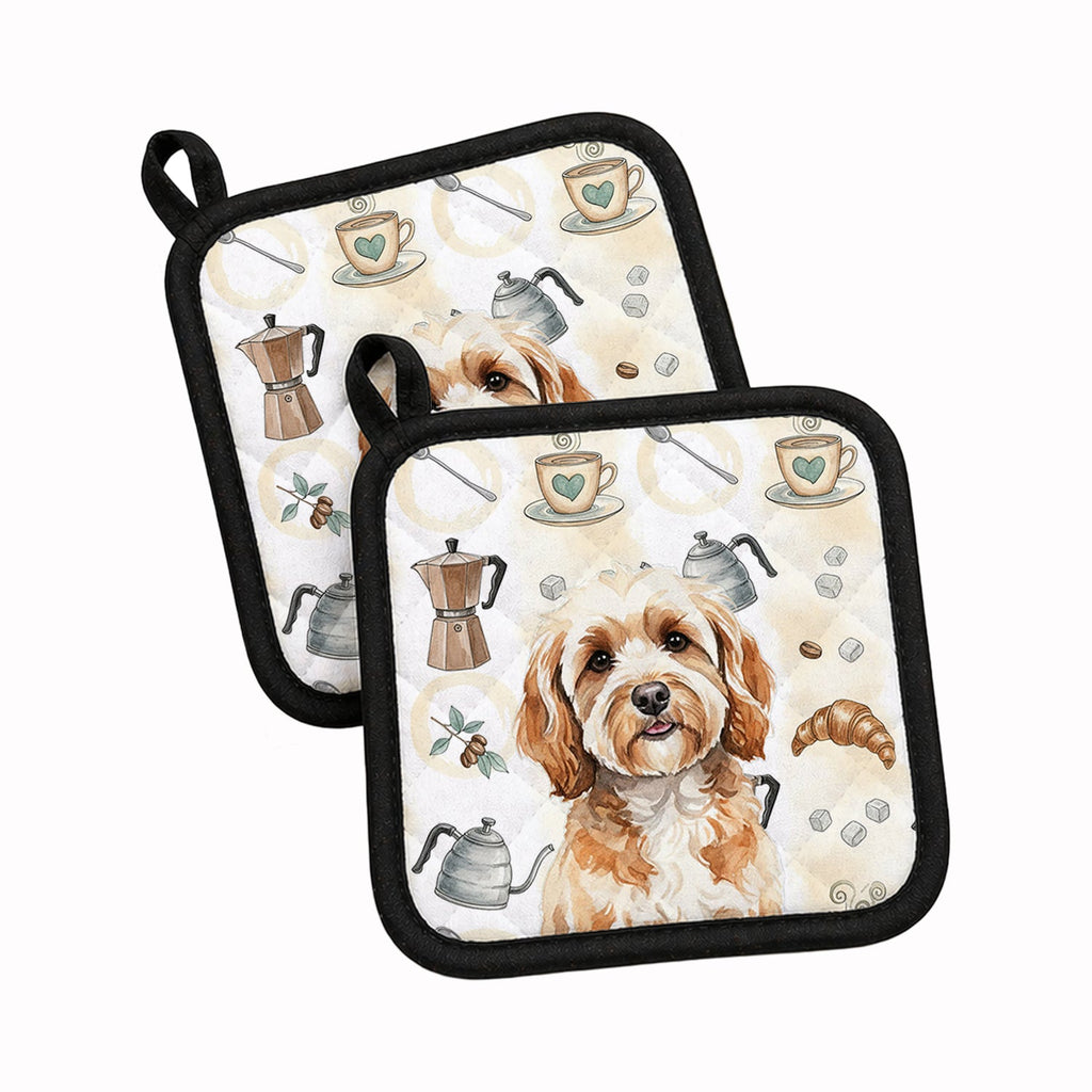 Cavapoo Coffee Bar Pot Holder Set of 2 Heat Resistant Quilted Hot Pads 7.5 x 7.5 Inch, Insulated Kitchen Trivets for Cooking & Baking