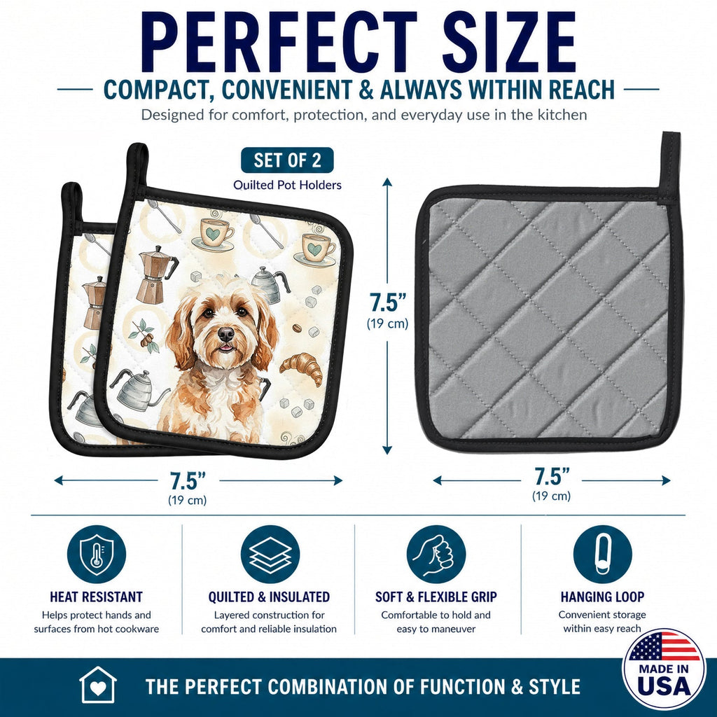 Cavapoo Coffee Bar Pot Holder Set of 2 Heat Resistant Quilted Hot Pads 7.5 x 7.5 Inch, Insulated Kitchen Trivets for Cooking & Baking