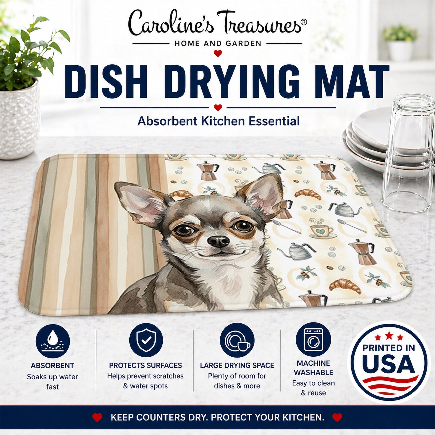 Chihuahua Coffee Bar Dish Drying Mat Absorbent Dish Drying Mat Pad for Kitchen Counter Dish Drainer Mat for Countertop, 14 x 21", Multicolor