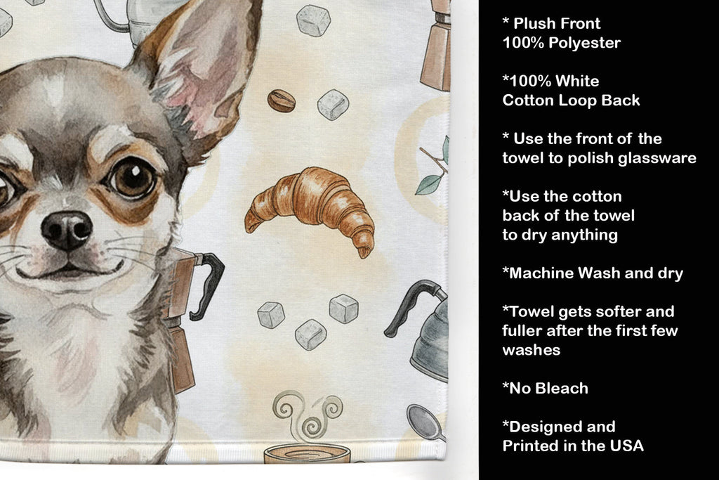 Chihuahua Coffee Bar Kitchen Towel Velour Plush Front and Cotton Loop Back Machine Washable