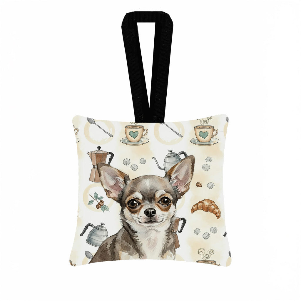 Chihuahua Coffee Bar Hanging Square Fabric Ornament 3.5 � 3.5 Decorative Door-Knob & Tree Hanger, Soft Fabric