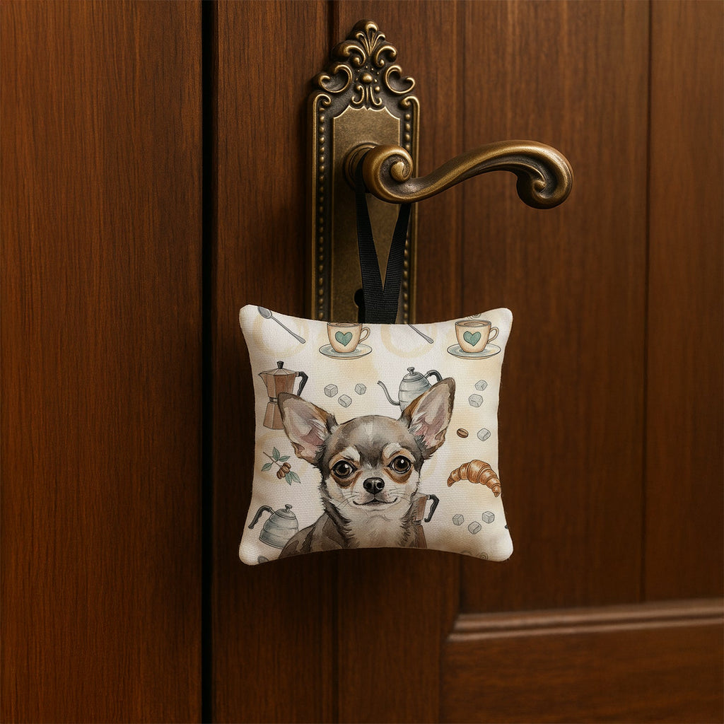 Chihuahua Coffee Bar Hanging Square Fabric Ornament 3.5 � 3.5 Decorative Door-Knob & Tree Hanger, Soft Fabric