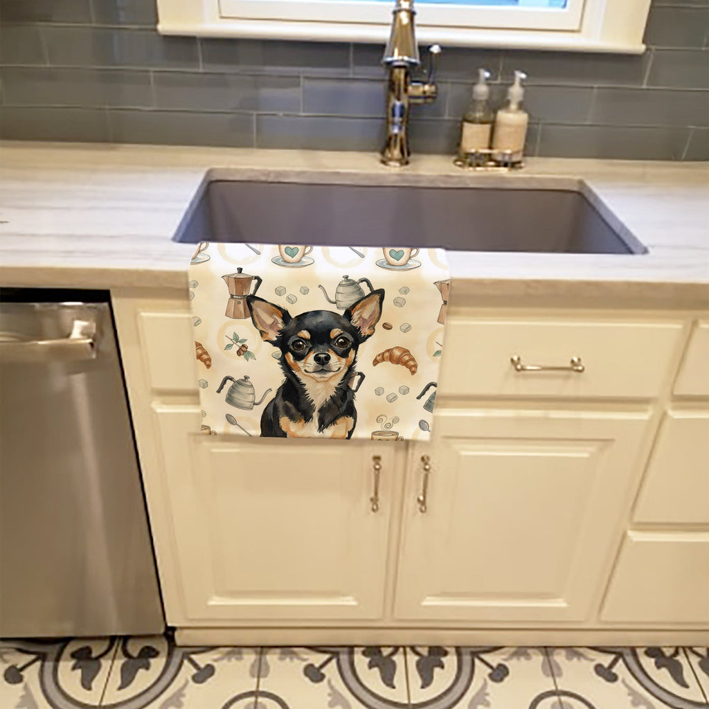 Black and Tan Chihuahua Coffee Bar Kitchen Towel Velour Plush Front and Cotton Loop Back Machine Washable
