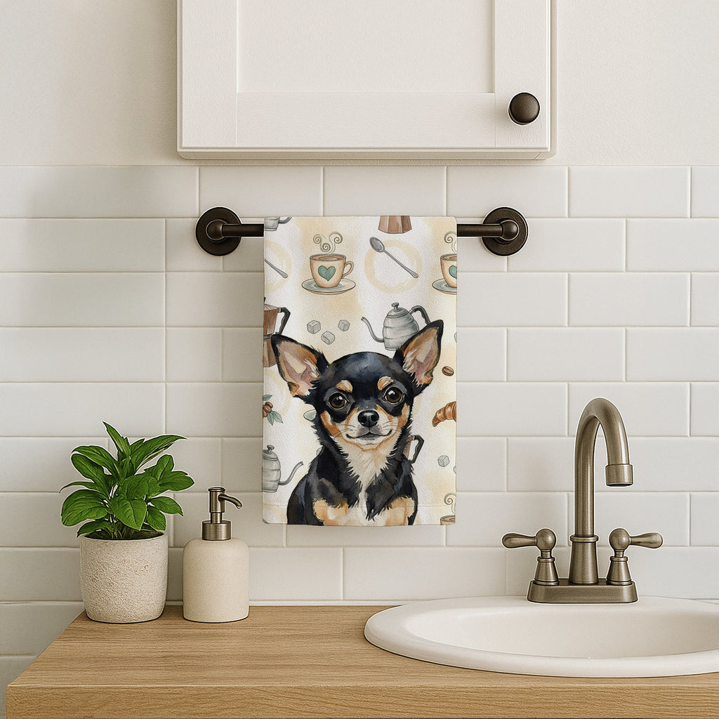 Black and Tan Chihuahua Coffee Bar Kitchen Towel Velour Plush Front and Cotton Loop Back Machine Washable