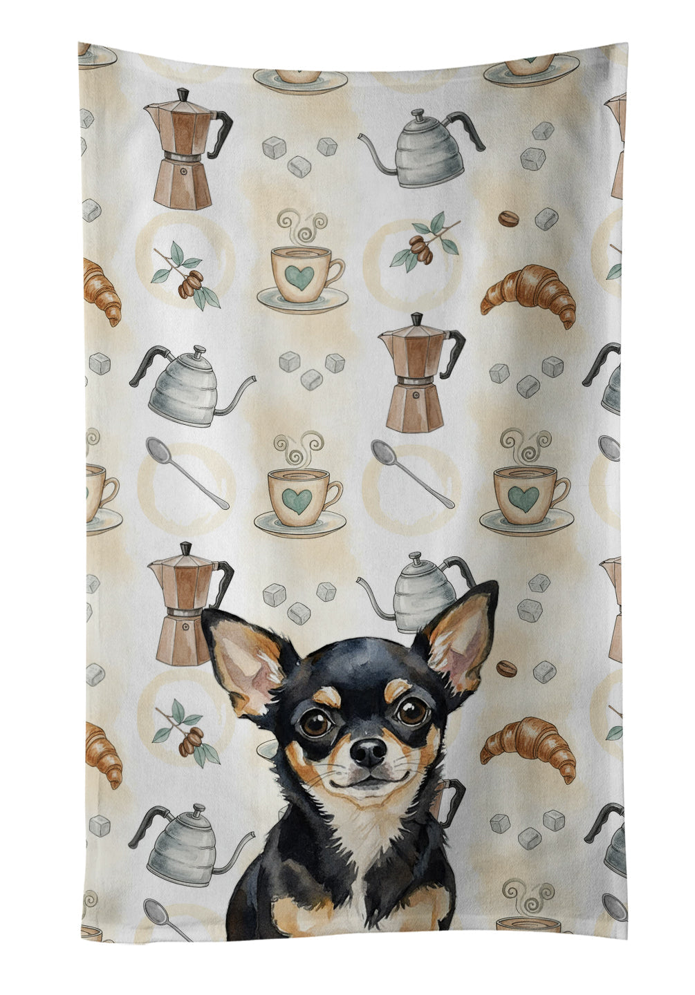 Black and Tan Chihuahua Coffee Bar Kitchen Towel Velour Plush Front and Cotton Loop Back Machine Washable