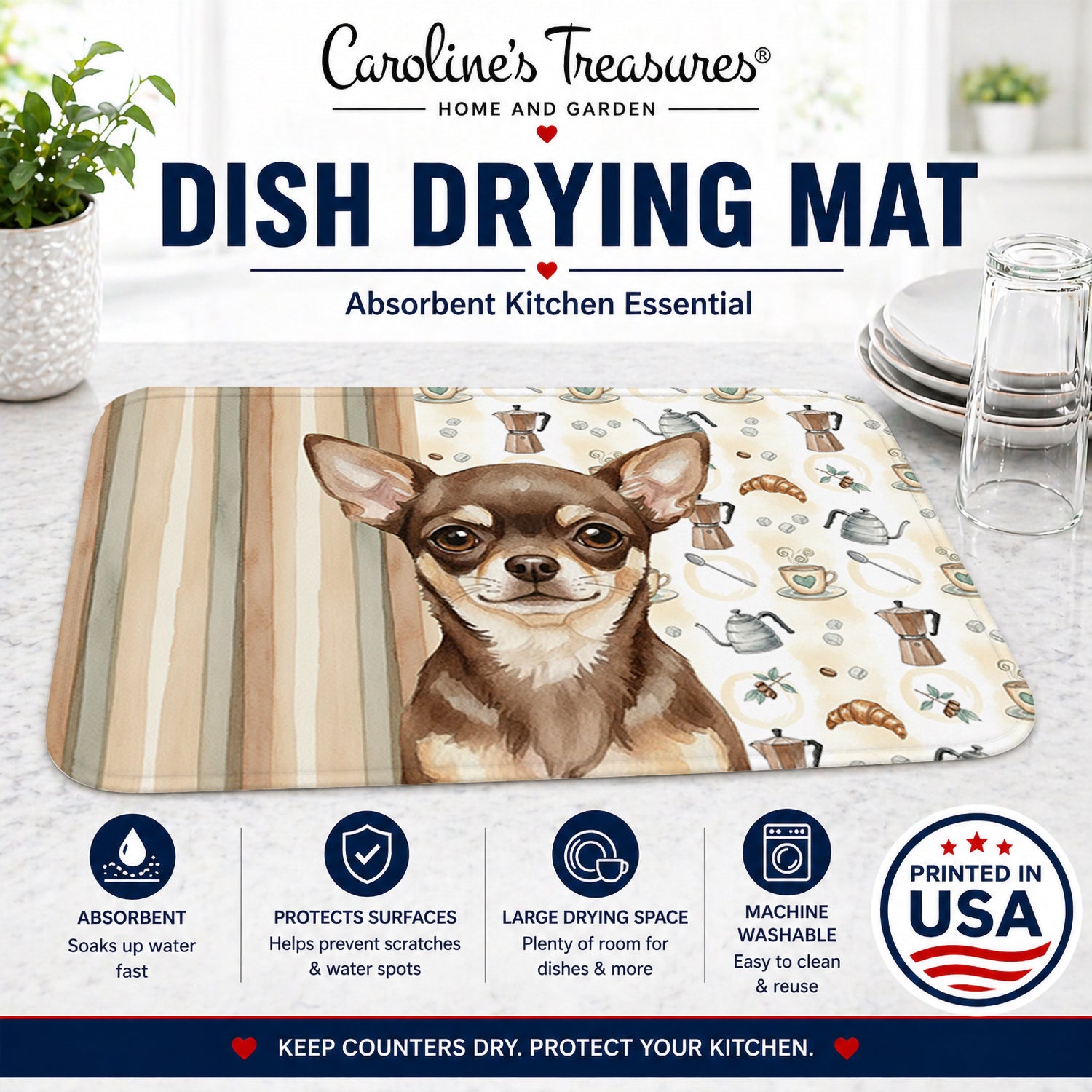 Chocolate Chihuahua Coffee Bar Dish Drying Mat Absorbent Dish Drying Mat Pad for Kitchen Counter Dish Drainer Mat for Countertop, 14 x 21", Multicolor