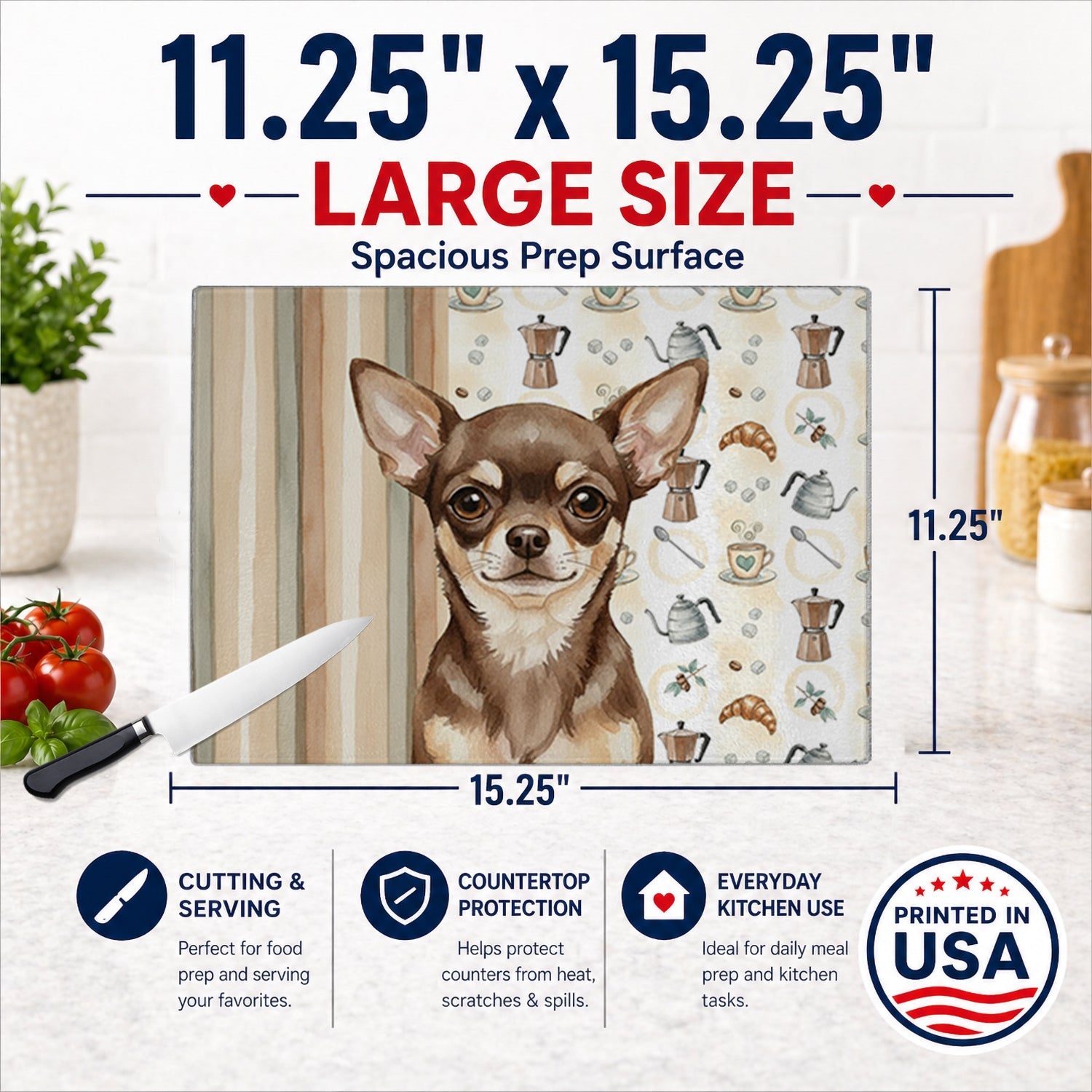 Chocolate Chihuahua Coffee Bar Cutting Board Tempered Glass Kitchen Cutting Surface, Heat Resistant Chopping, Non-Slip Feet, Food Prep & Serving