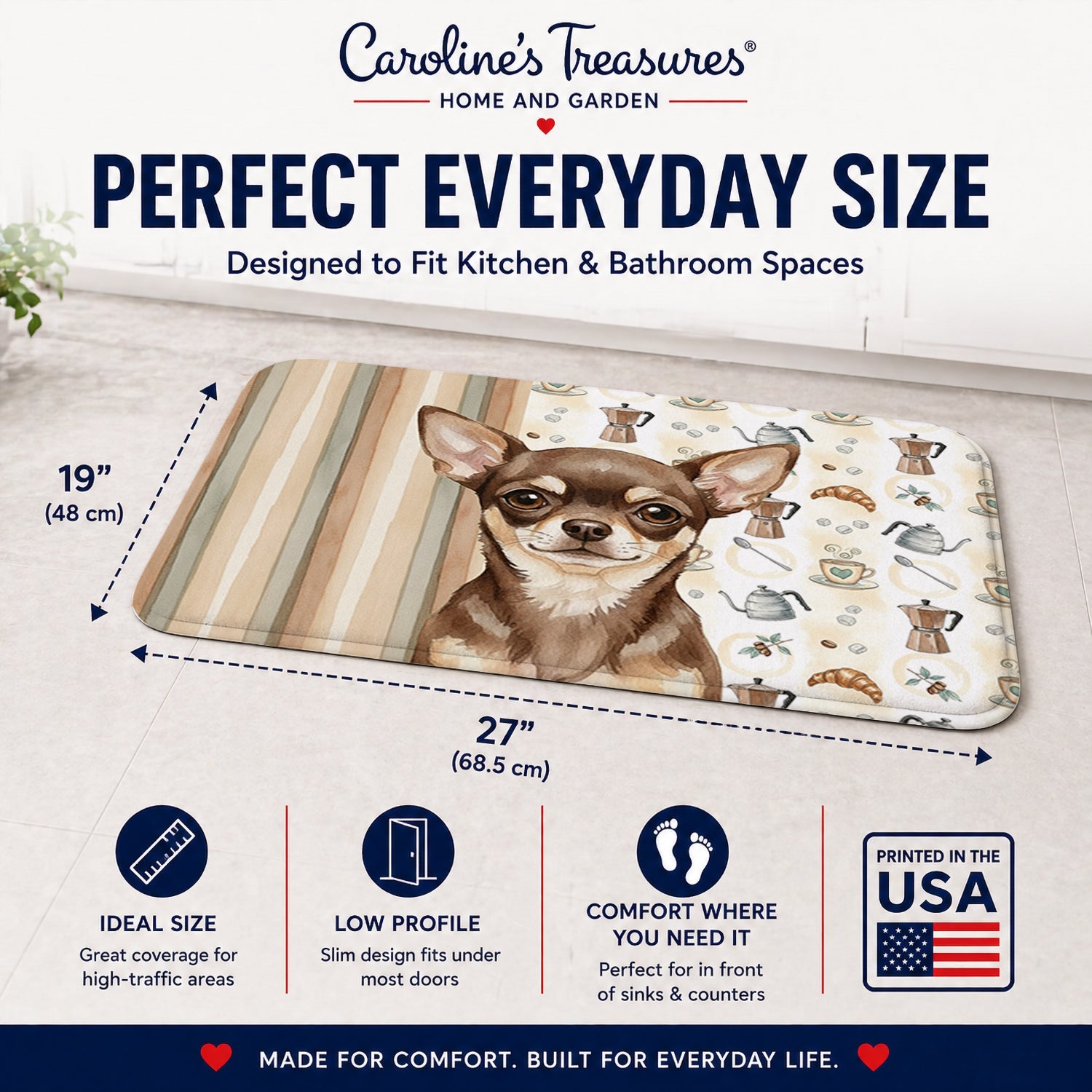 Chocolate Chihuahua Coffee Bar Memory Foam Kitchen Mat Machine Washable Anti-Fatigue Cushion Comfort Bath or Kitchen Rug
