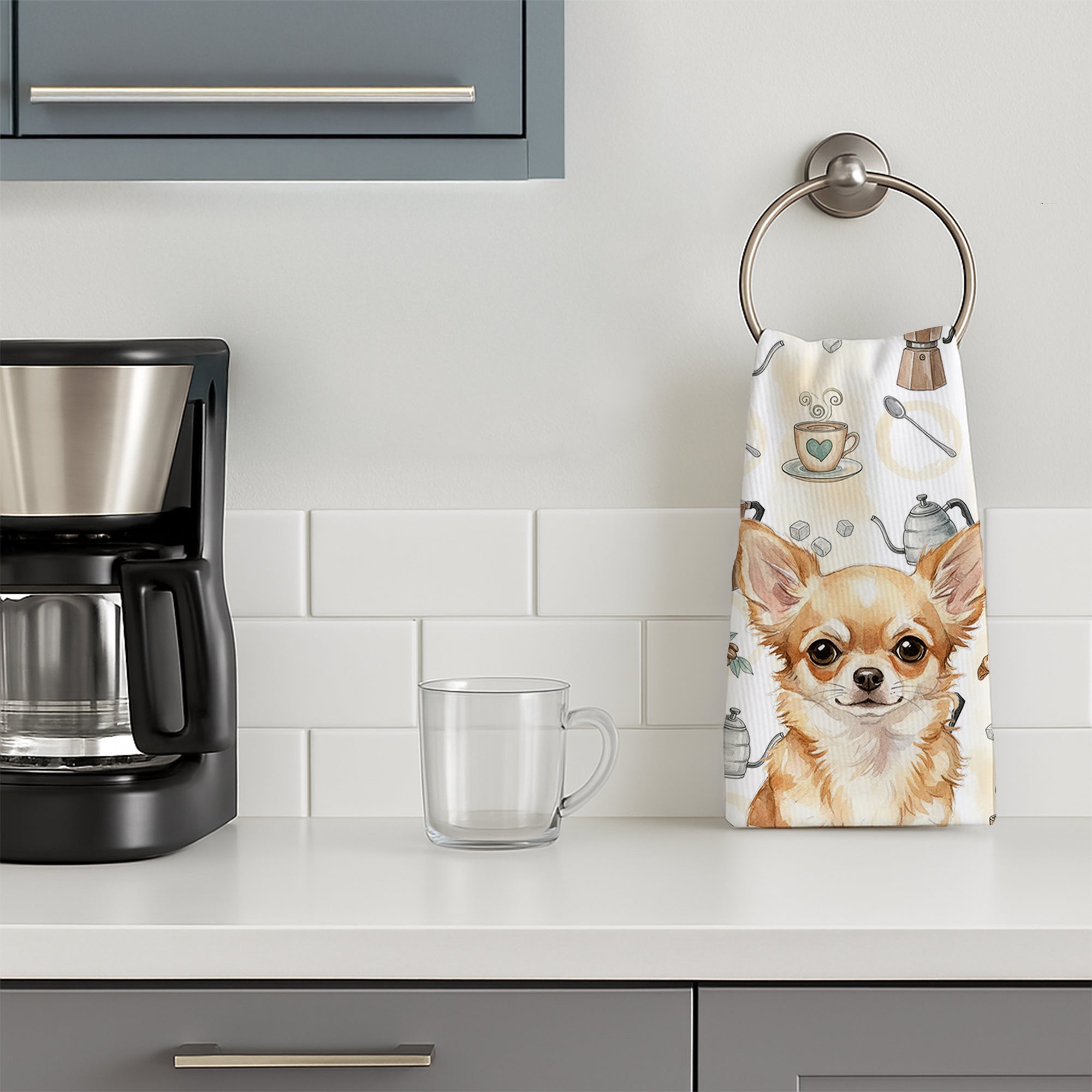 Fawn Chihuahua Coffee Bar Kitchen Towel Velour Plush Front and Cotton Loop Back Machine Washable