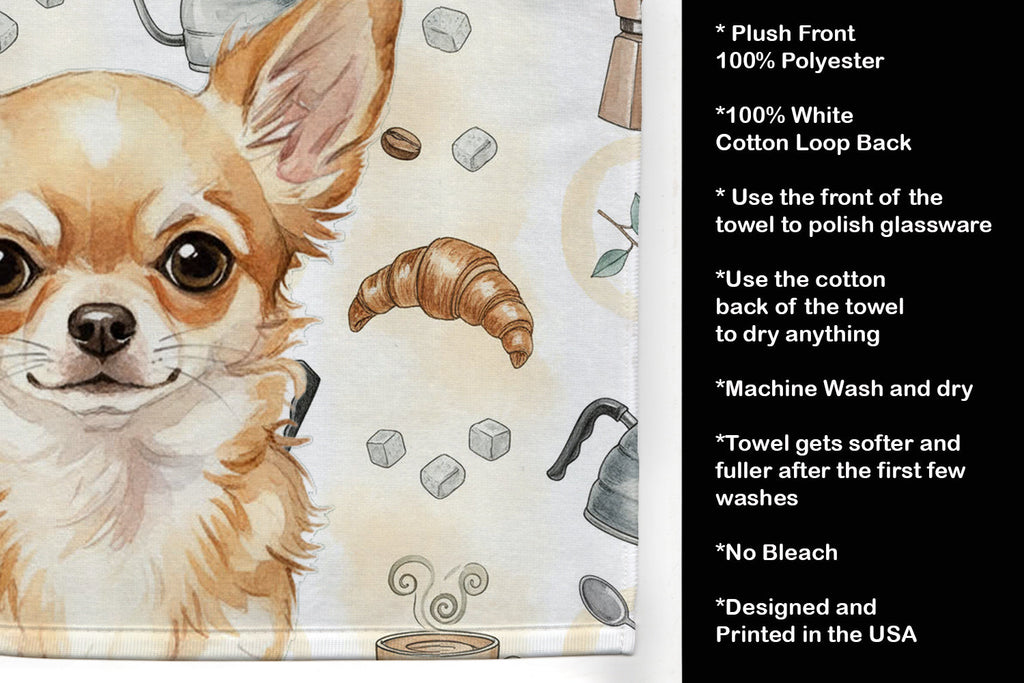 Fawn Chihuahua Coffee Bar Kitchen Towel Velour Plush Front and Cotton Loop Back Machine Washable