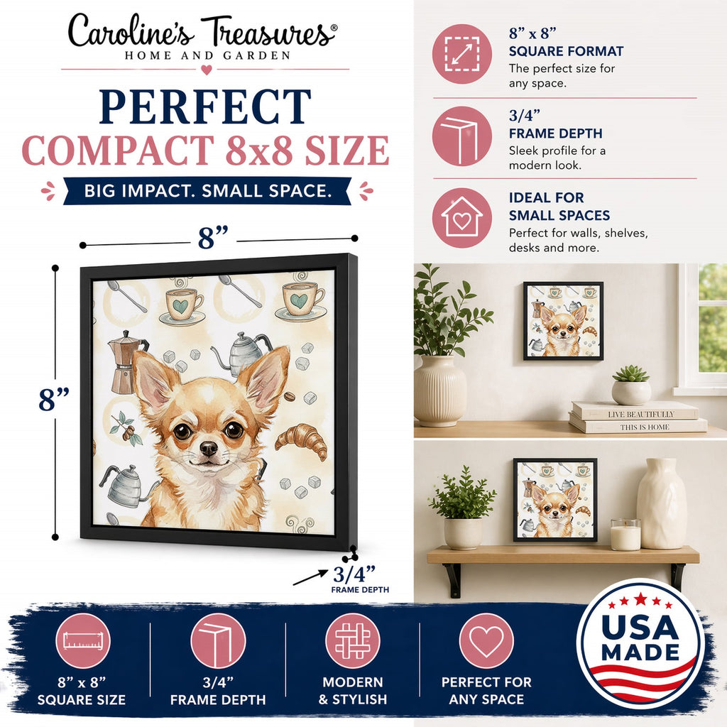 Fawn Chihuahua Coffee Bar Framed Metal Print Bathroom, Kitchen, Office, Home Decor Wall Art Ready to Hang, Square, 8X8