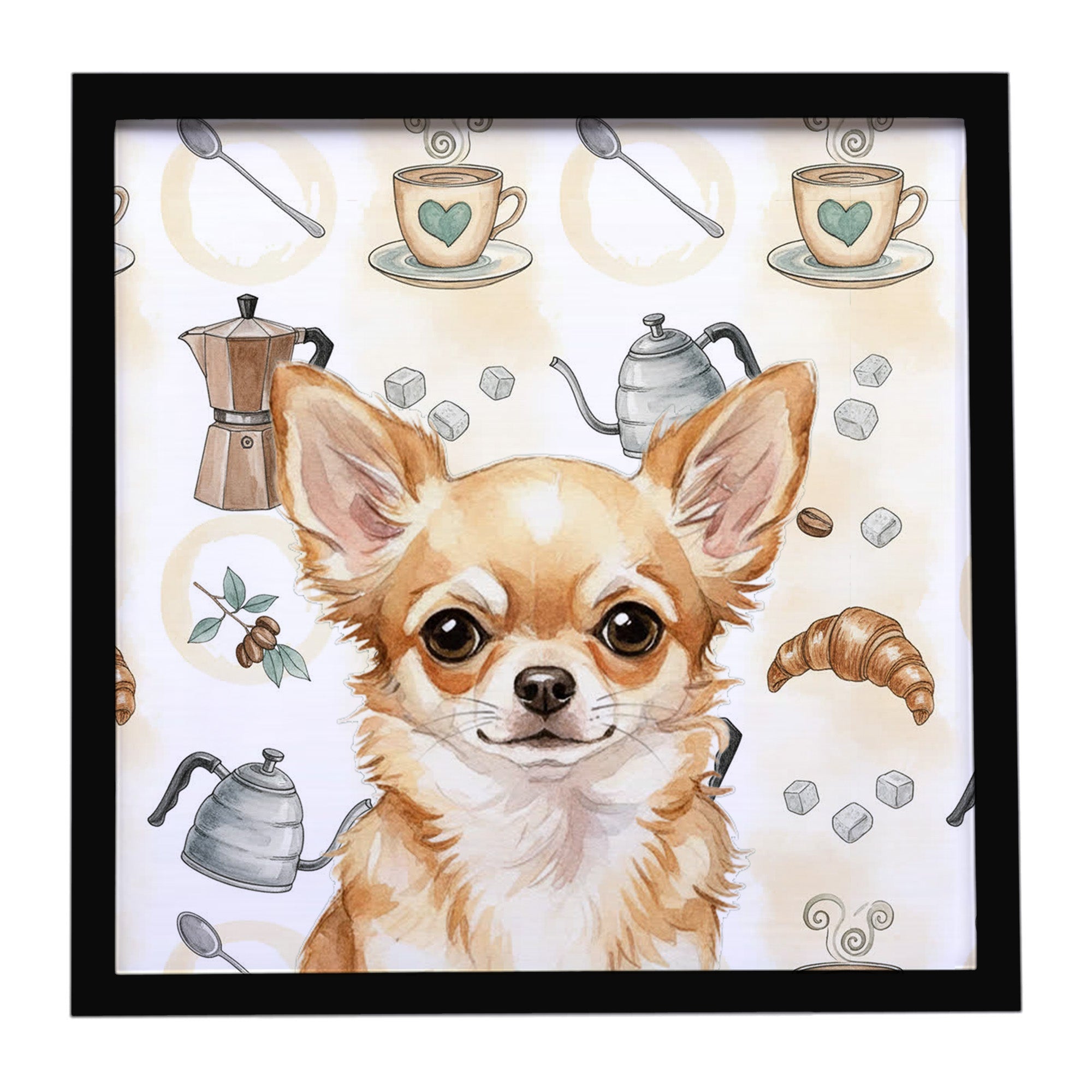 Fawn Chihuahua Coffee Bar Framed Metal Print Bathroom, Kitchen, Office, Home Decor Wall Art Ready to Hang, Square, 8X8