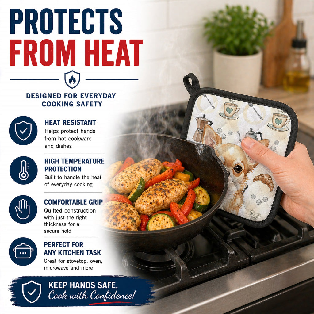 Fawn Chihuahua Coffee Bar Pot Holder Set of 2 Heat Resistant Quilted Hot Pads 7.5 x 7.5 Inch, Insulated Kitchen Trivets for Cooking & Baking