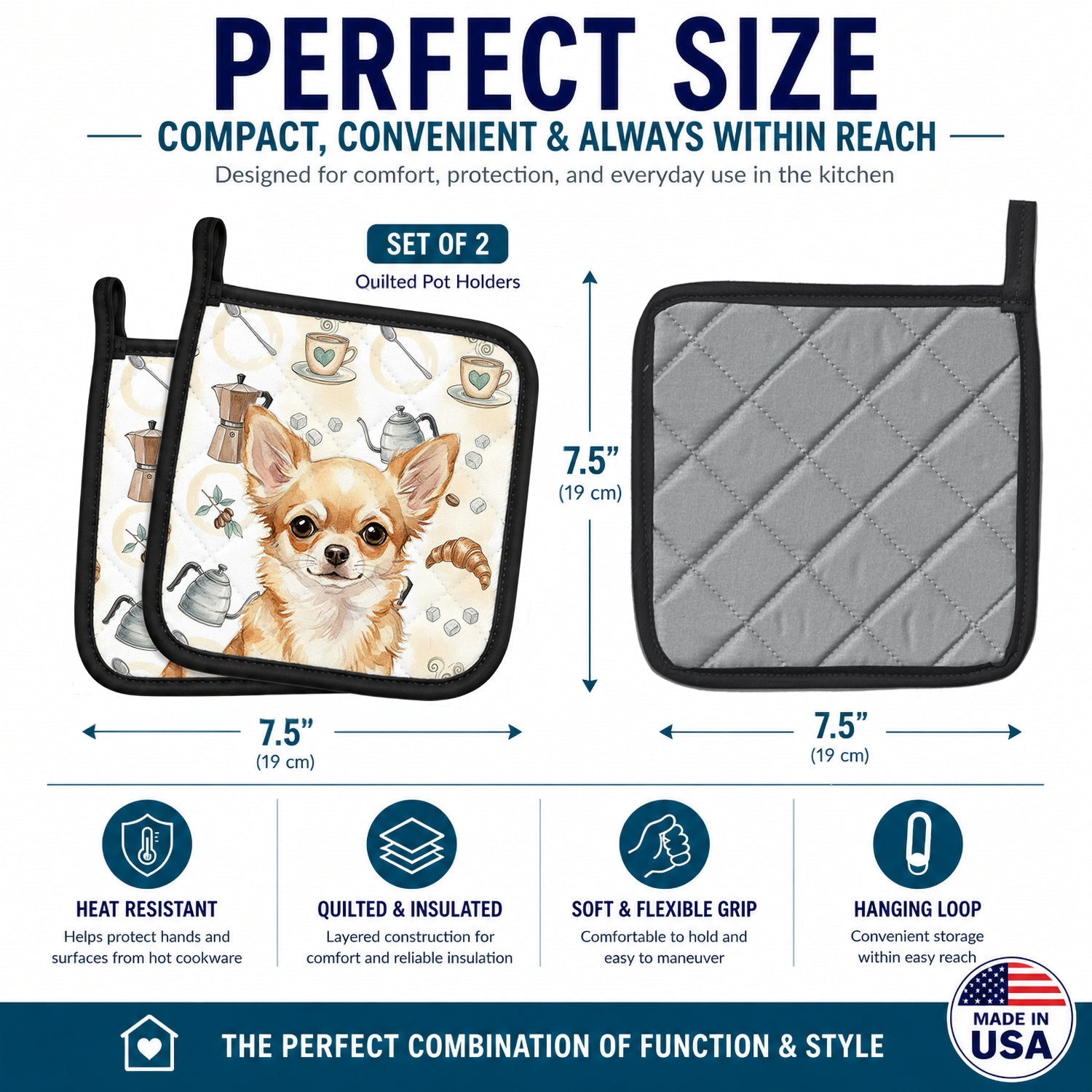 Fawn Chihuahua Coffee Bar Pot Holder Set of 2 Heat Resistant Quilted Hot Pads 7.5 x 7.5 Inch, Insulated Kitchen Trivets for Cooking & Baking