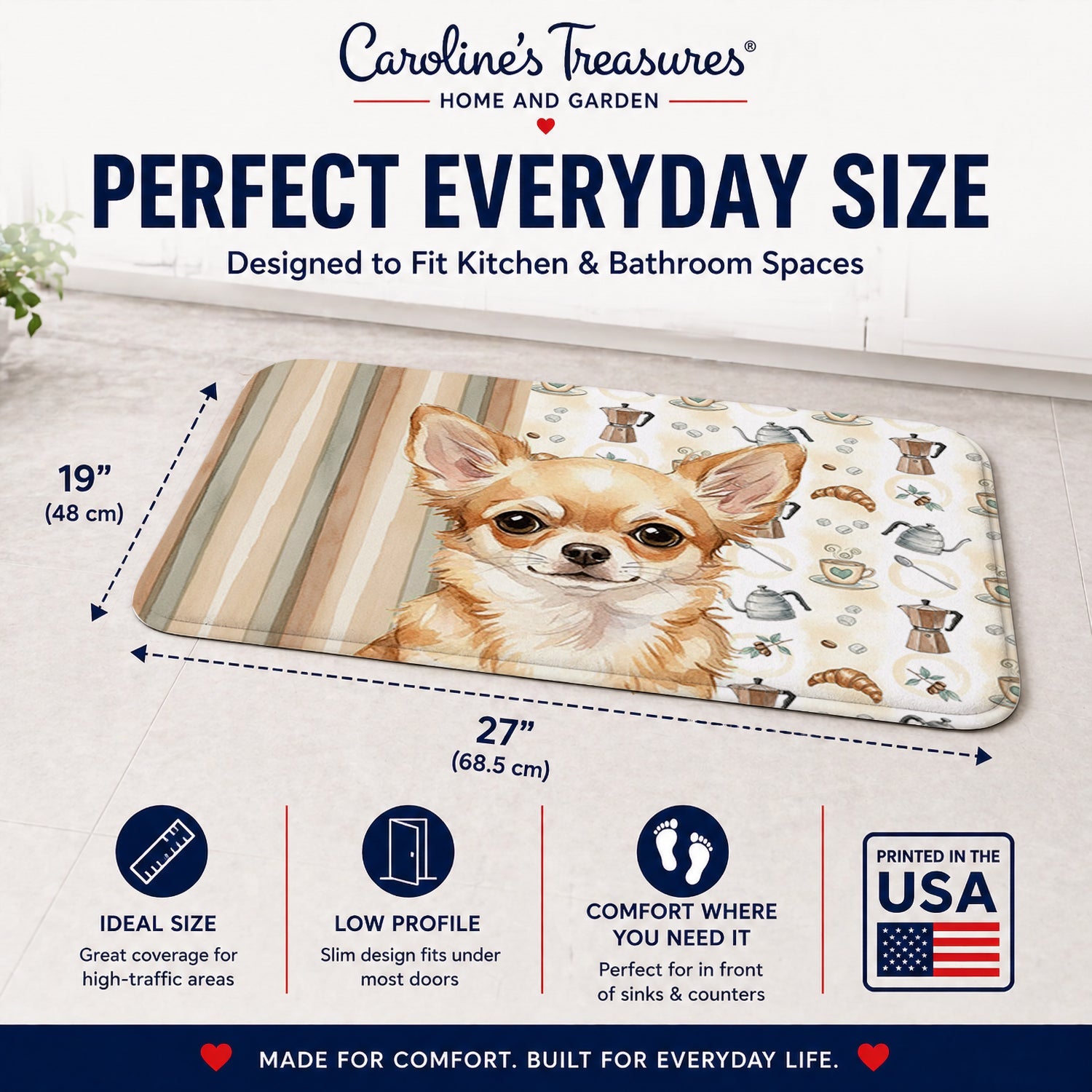 Fawn Chihuahua Coffee Bar Memory Foam Kitchen Mat Machine Washable Anti-Fatigue Cushion Comfort Bath or Kitchen Rug