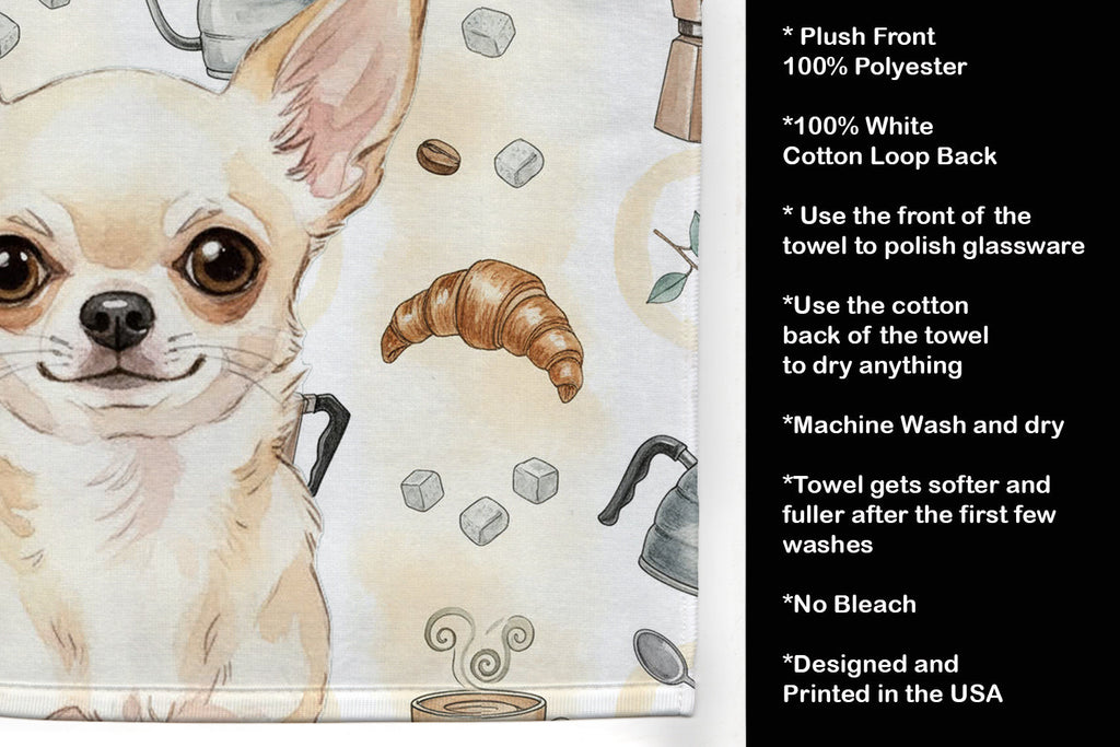 Cream Chihuahua Coffee Bar Kitchen Towel Velour Plush Front and Cotton Loop Back Machine Washable