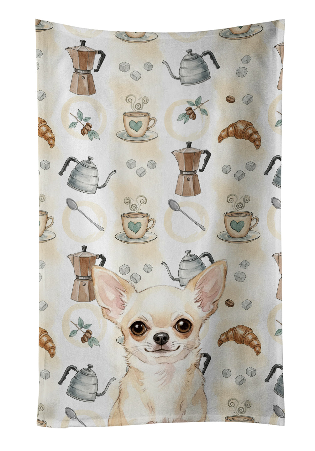 Cream Chihuahua Coffee Bar Kitchen Towel Velour Plush Front and Cotton Loop Back Machine Washable