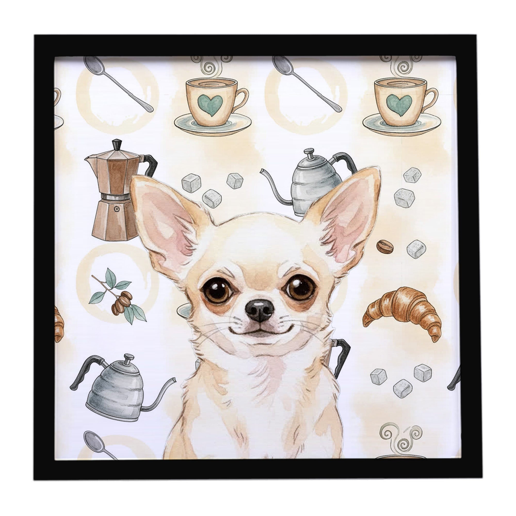 Cream Chihuahua Coffee Bar Framed Metal Print Bathroom, Kitchen, Office, Home Decor Wall Art Ready to Hang, Square, 8X8