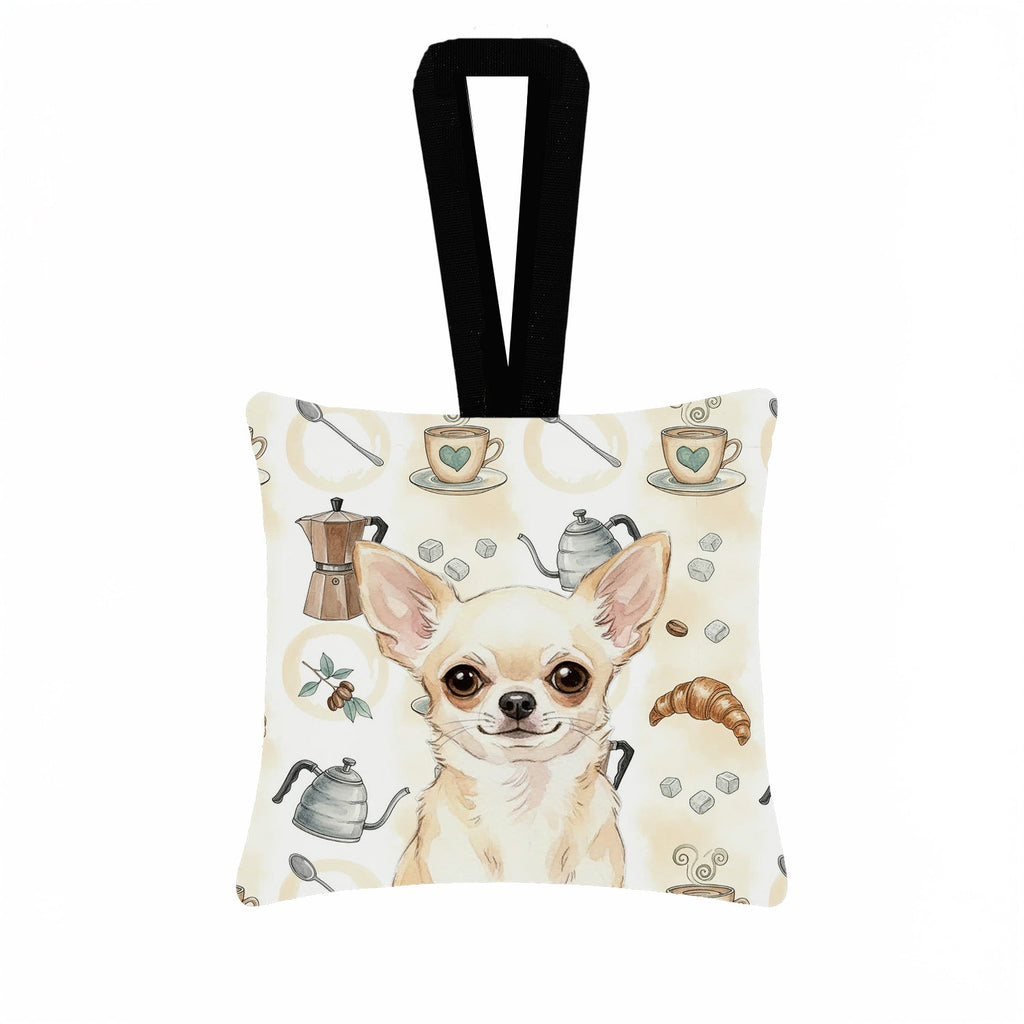 Cream Chihuahua Coffee Bar Hanging Square Fabric Ornament 3.5 � 3.5 Decorative Door-Knob & Tree Hanger, Soft Fabric