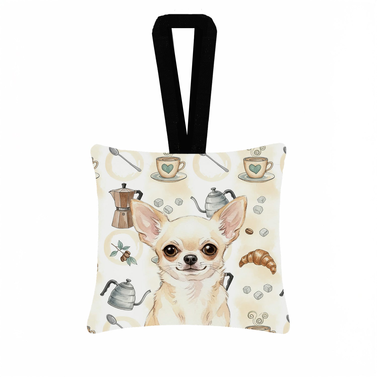 Cream Chihuahua Coffee Bar Hanging Square Fabric Ornament 3.5 � 3.5 Decorative Door-Knob & Tree Hanger, Soft Fabric