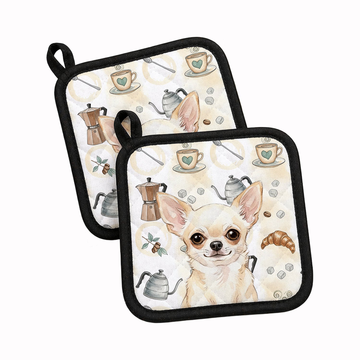 Cream Chihuahua Coffee Bar Pot Holder Set of 2 Heat Resistant Quilted Hot Pads 7.5 x 7.5 Inch, Insulated Kitchen Trivets for Cooking & Baking