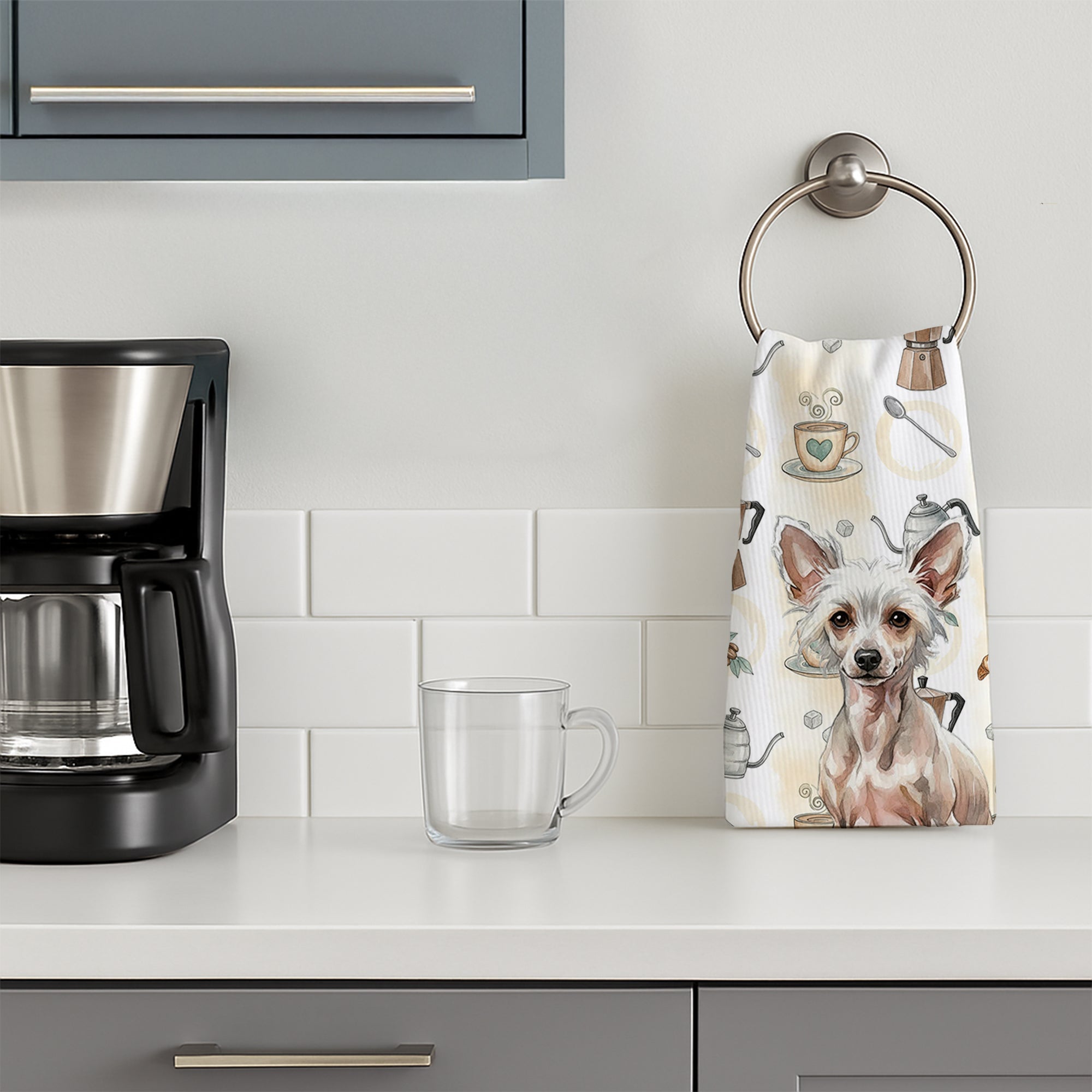Hairless Chinese Crested Coffee Bar Kitchen Towel Velour Plush Front and Cotton Loop Back Machine Washable