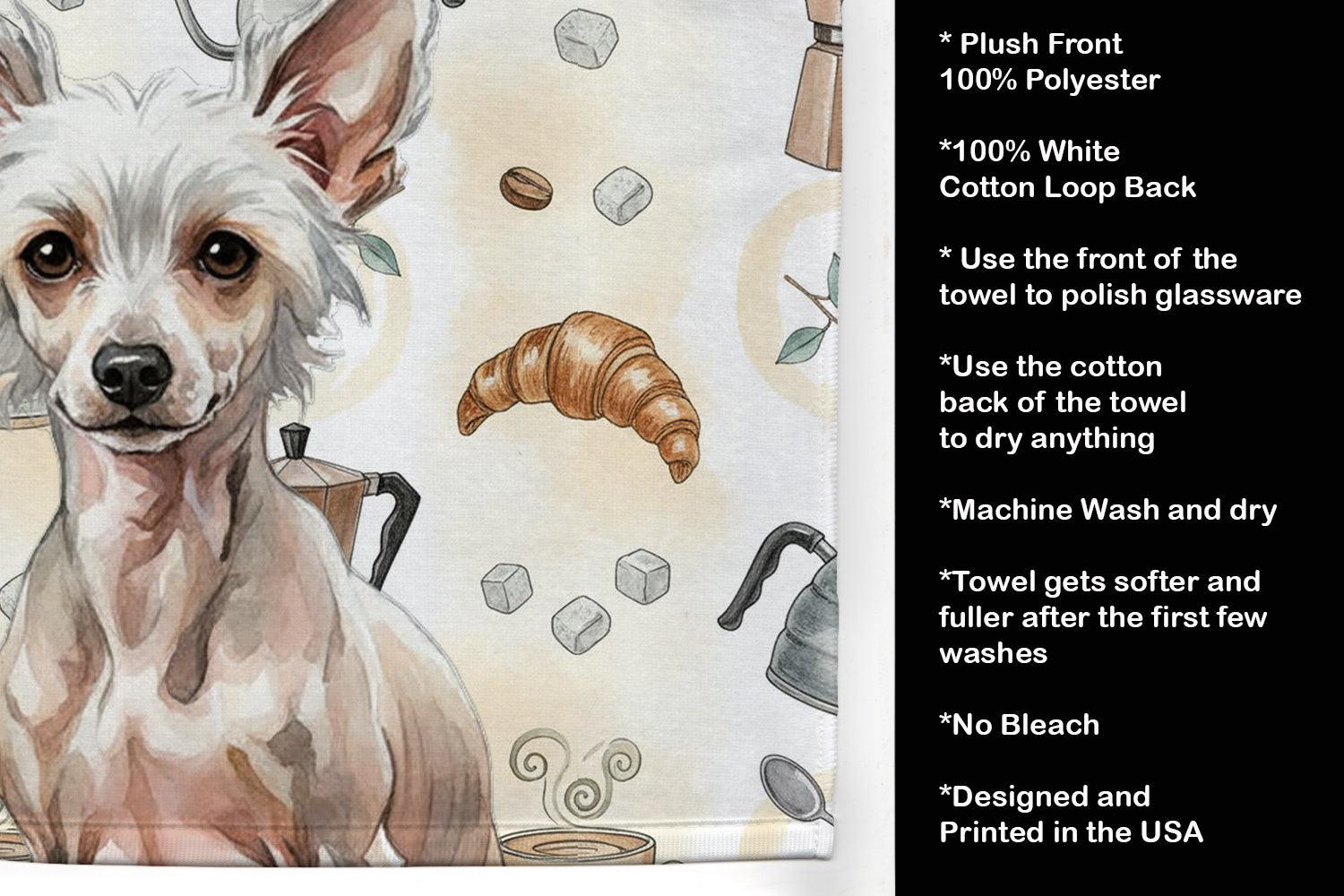 Hairless Chinese Crested Coffee Bar Kitchen Towel Velour Plush Front and Cotton Loop Back Machine Washable