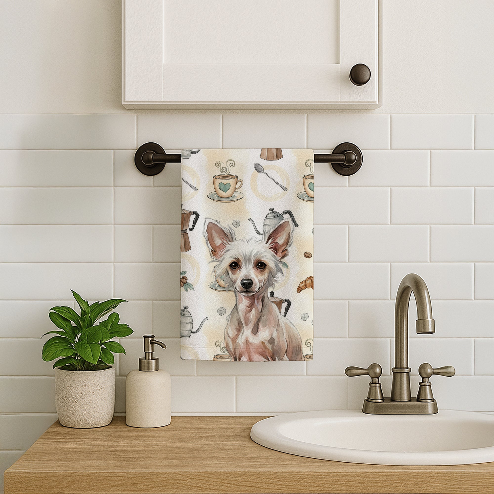 Hairless Chinese Crested Coffee Bar Kitchen Towel Velour Plush Front and Cotton Loop Back Machine Washable
