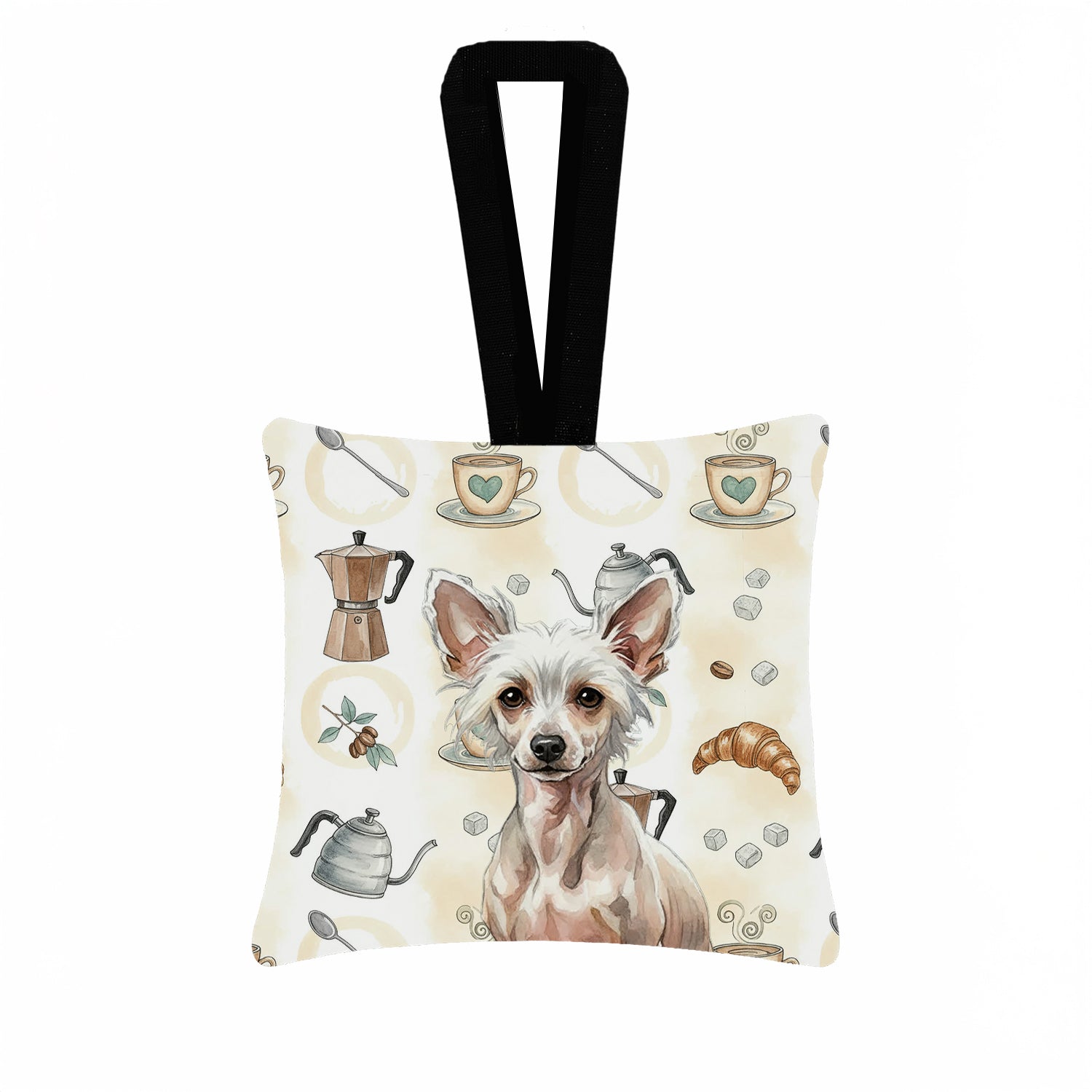Hairless Chinese Crested Coffee Bar Hanging Square Fabric Ornament 3.5 � 3.5 Decorative Door-Knob & Tree Hanger, Soft Fabric