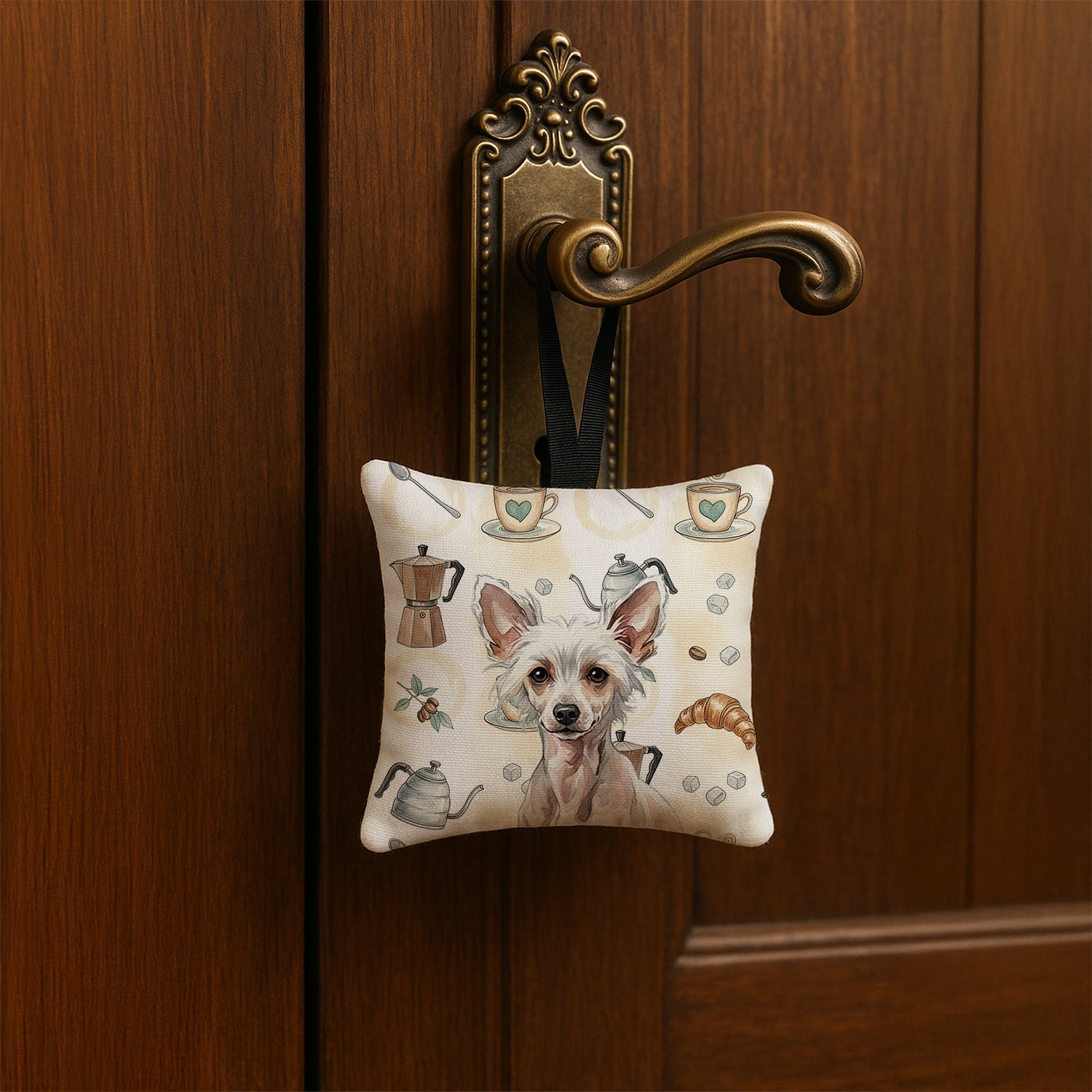 Hairless Chinese Crested Coffee Bar Hanging Square Fabric Ornament 3.5 � 3.5 Decorative Door-Knob & Tree Hanger, Soft Fabric