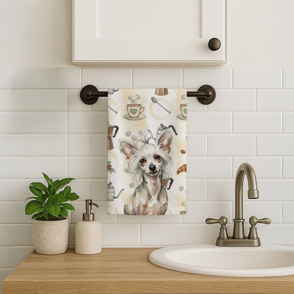 Hairless Mottled Pattern Chinese Crested Coffee Bar Kitchen Towel Velour Plush Front and Cotton Loop Back Machine Washable