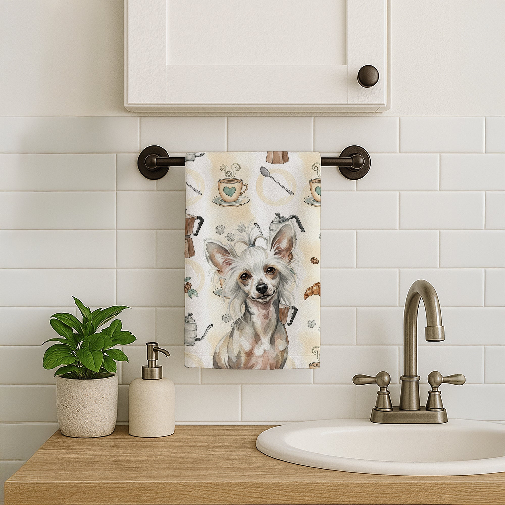 Hairless Mottled Pattern Chinese Crested Coffee Bar Kitchen Towel Velour Plush Front and Cotton Loop Back Machine Washable