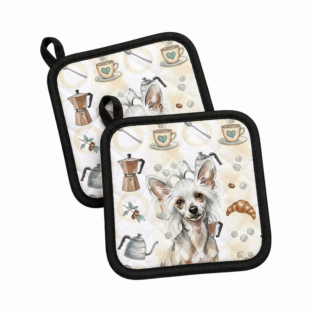 Hairless Mottled Pattern Chinese Crested Coffee Bar Pot Holder Set of 2 Heat Resistant Quilted Hot Pads 7.5 x 7.5 Inch, Insulated Kitchen Trivets for Cooking & Baking