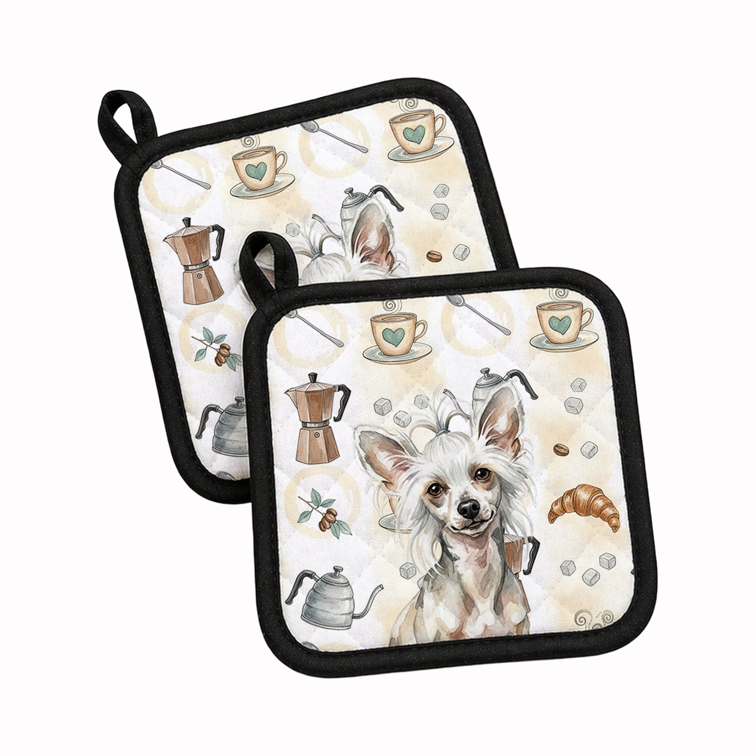 Hairless Mottled Pattern Chinese Crested Coffee Bar Pot Holder Set of 2 Heat Resistant Quilted Hot Pads 7.5 x 7.5 Inch, Insulated Kitchen Trivets for Cooking & Baking