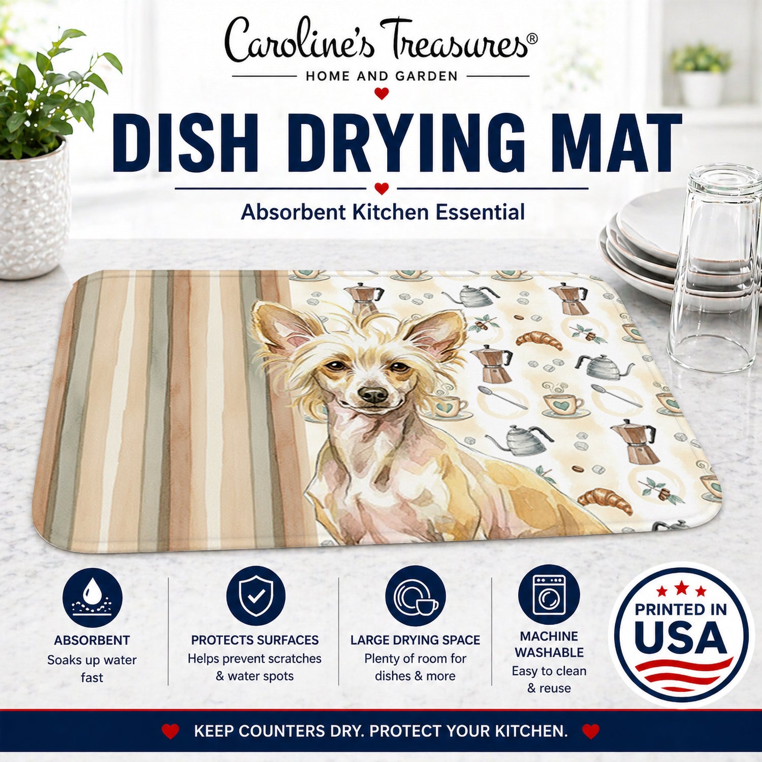 Hairless Palomino Chinese Crested Coffee Bar Dish Drying Mat Absorbent Dish Drying Mat Pad for Kitchen Counter Dish Drainer Mat for Countertop, 14 x 21", Multicolor