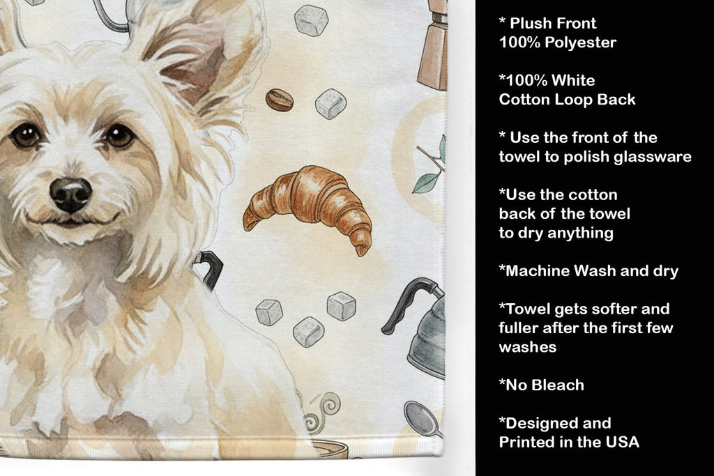 Powderpuff Chinese Crested Coffee Bar Kitchen Towel Velour Plush Front and Cotton Loop Back Machine Washable