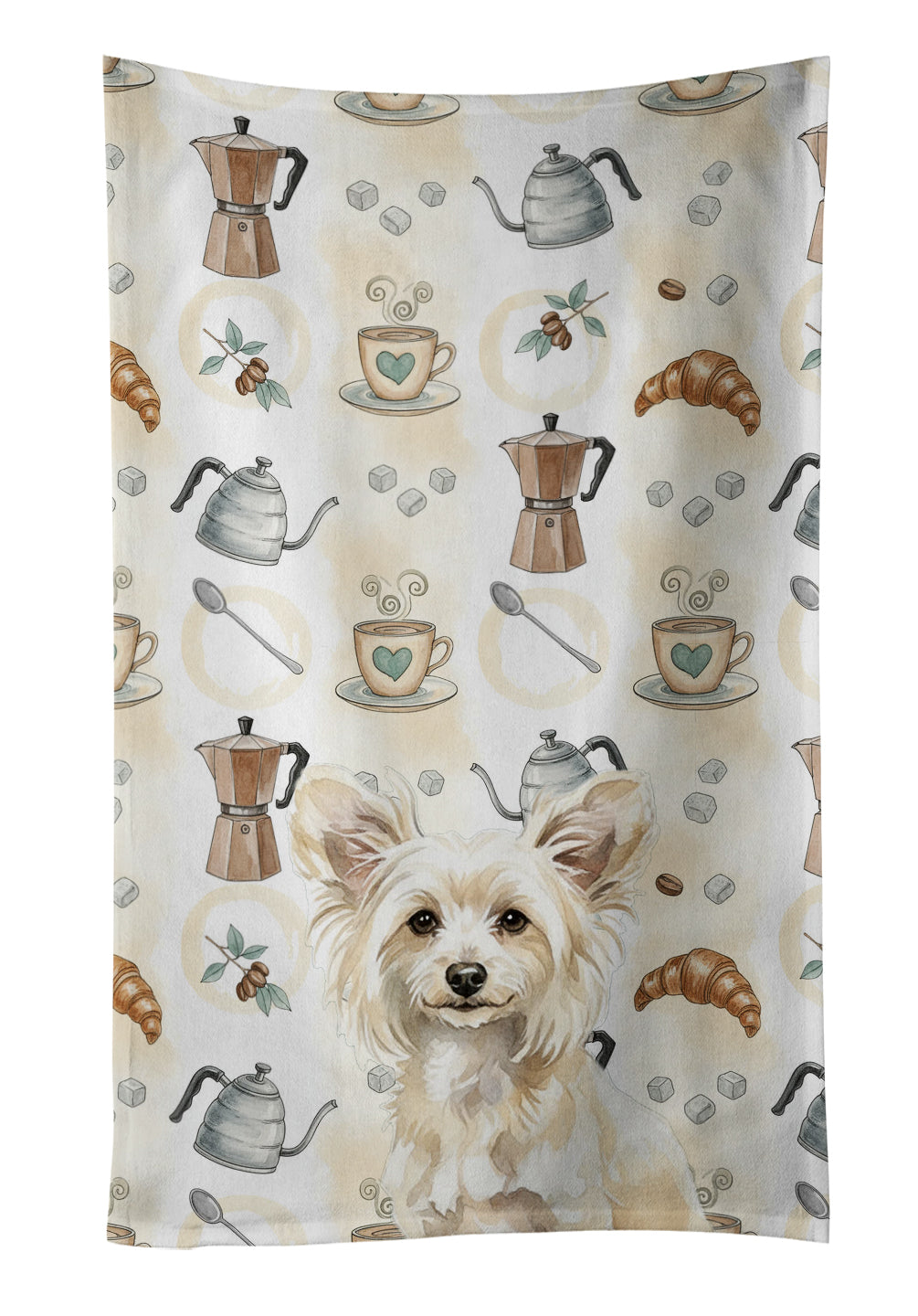 Powderpuff Chinese Crested Coffee Bar Kitchen Towel Velour Plush Front and Cotton Loop Back Machine Washable