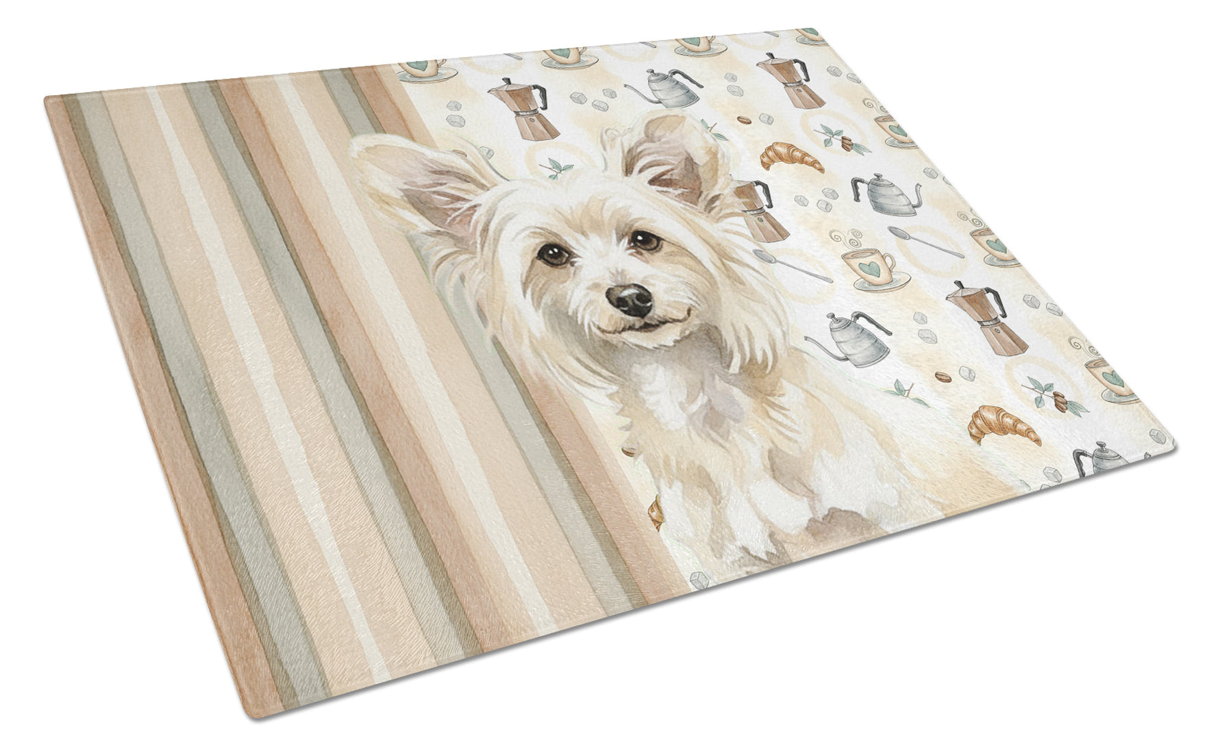 Powderpuff Chinese Crested Coffee Bar Cutting Board Tempered Glass Kitchen Cutting Surface, Heat Resistant Chopping, Non-Slip Feet, Food Prep & Serving