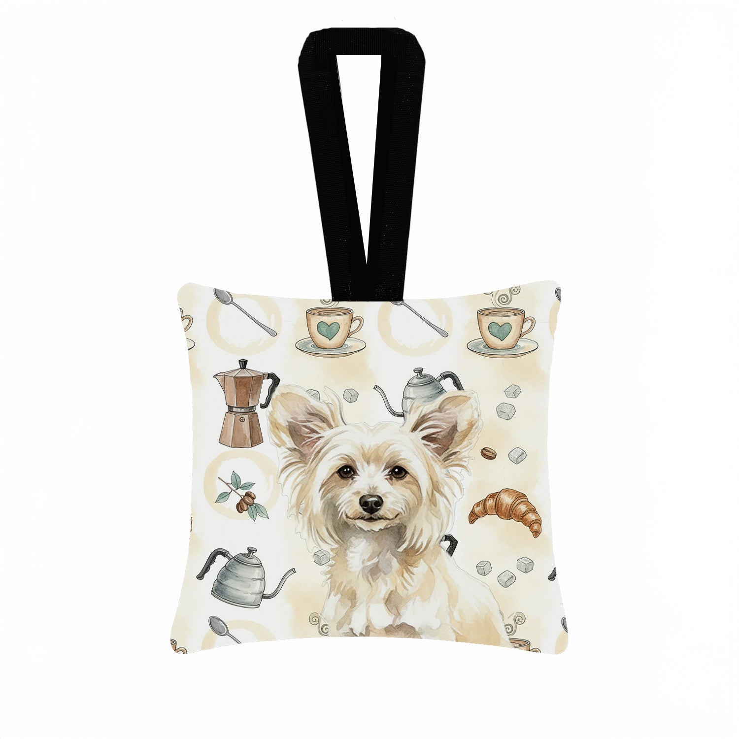 Powderpuff Chinese Crested Coffee Bar Hanging Square Fabric Ornament 3.5 � 3.5 Decorative Door-Knob & Tree Hanger, Soft Fabric