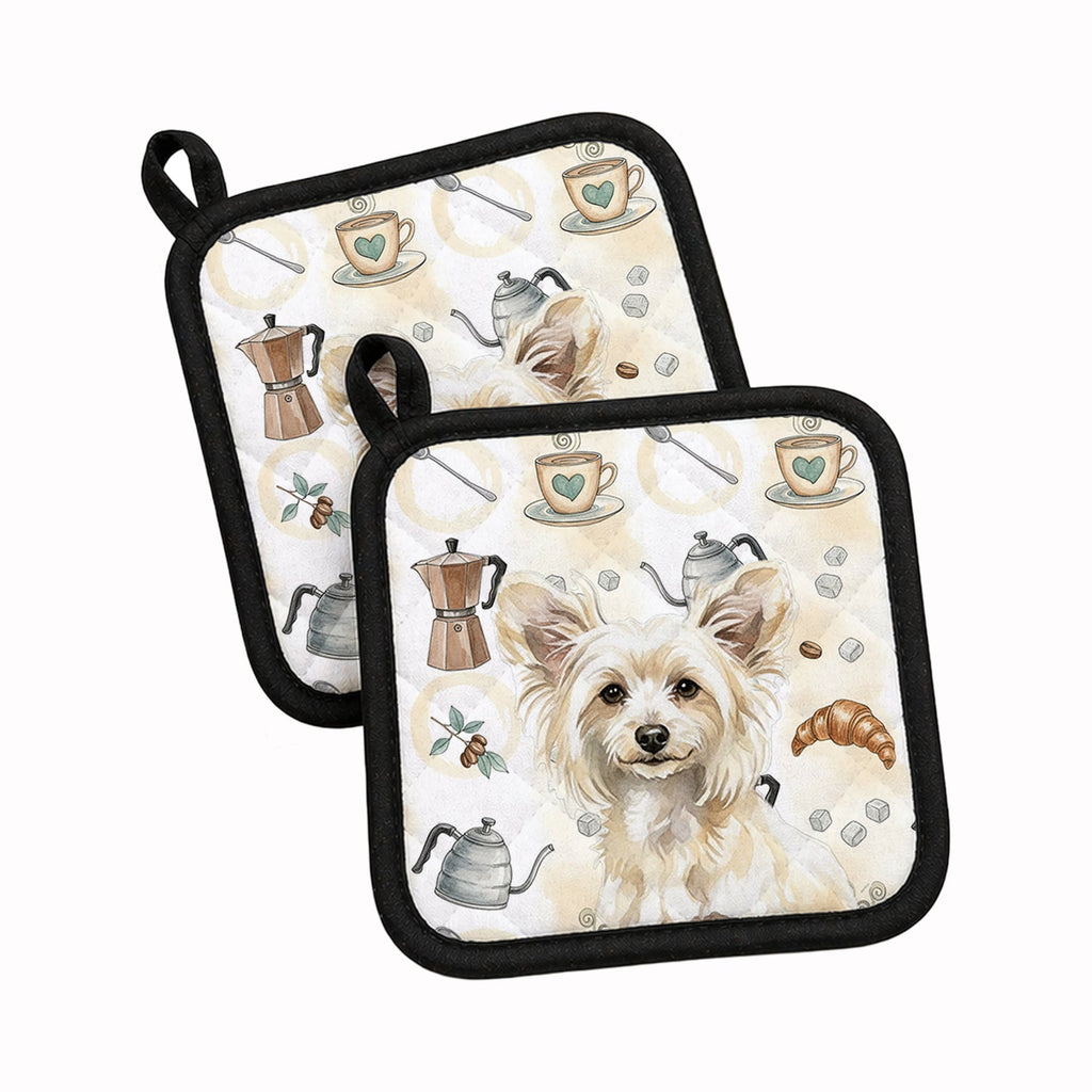 Powderpuff Chinese Crested Coffee Bar Pot Holder Set of 2 Heat Resistant Quilted Hot Pads 7.5 x 7.5 Inch, Insulated Kitchen Trivets for Cooking & Baking